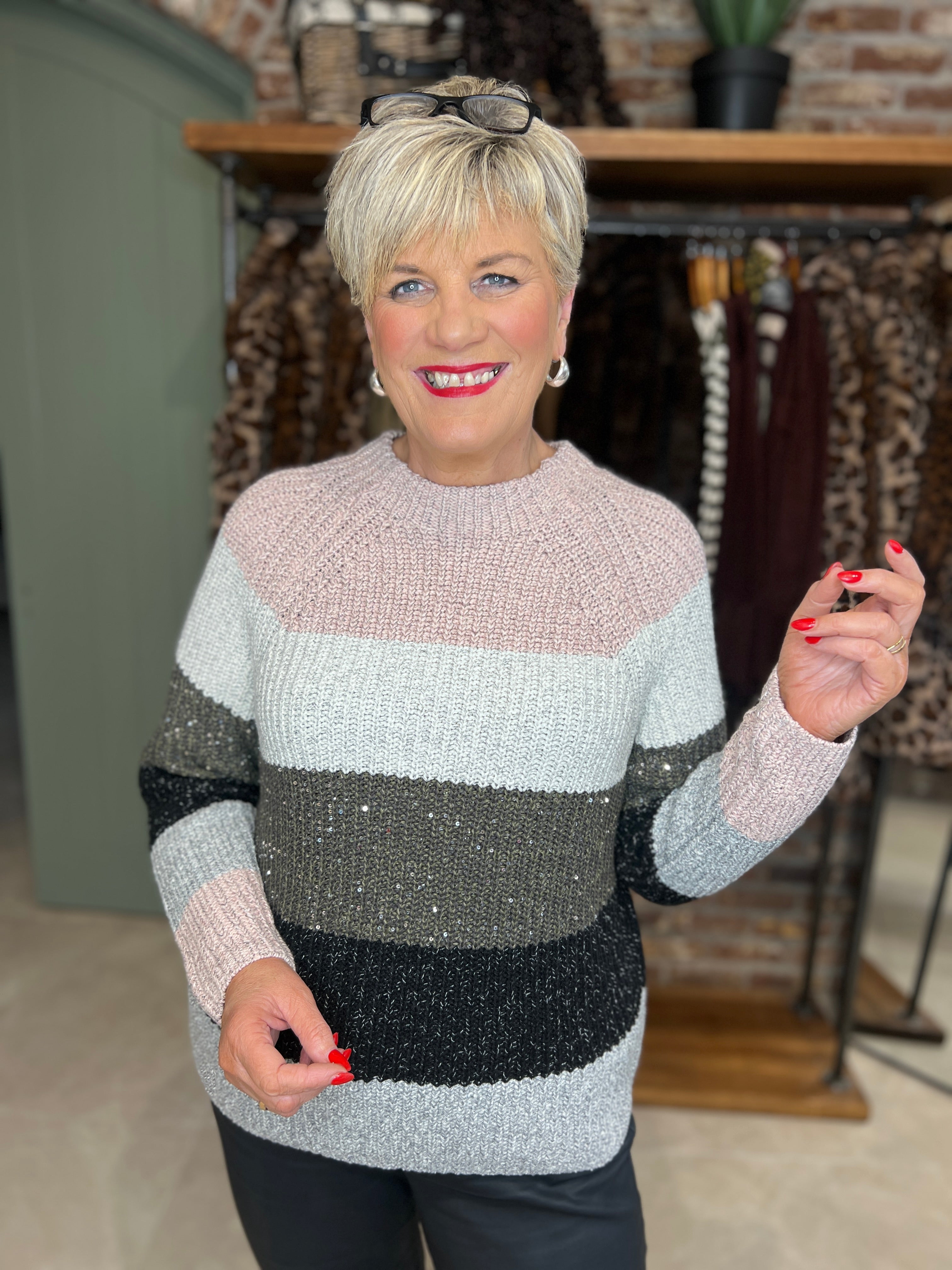 Oui Block Striped Pullover In Khaki Rose