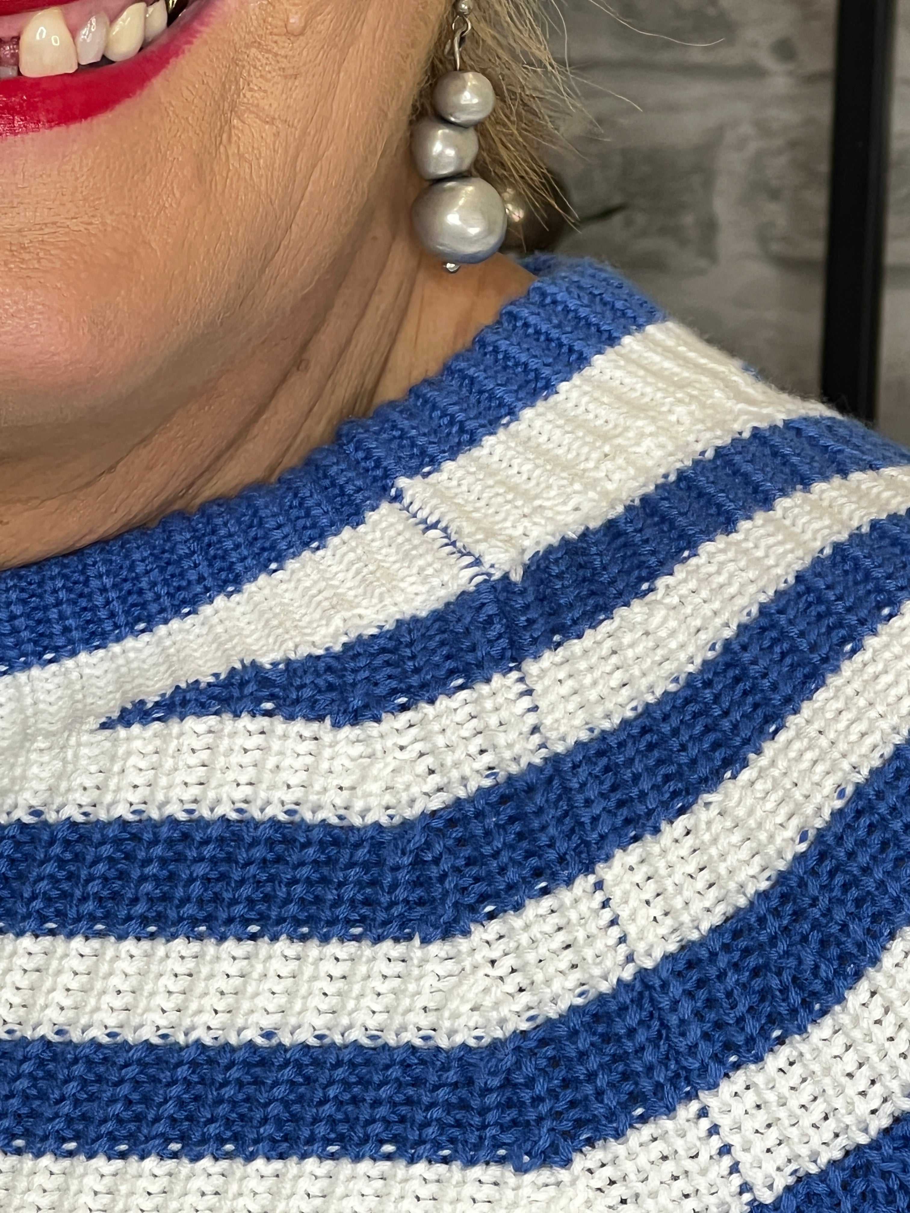 Oui Ruby Ribbed Jumper In Blue & White