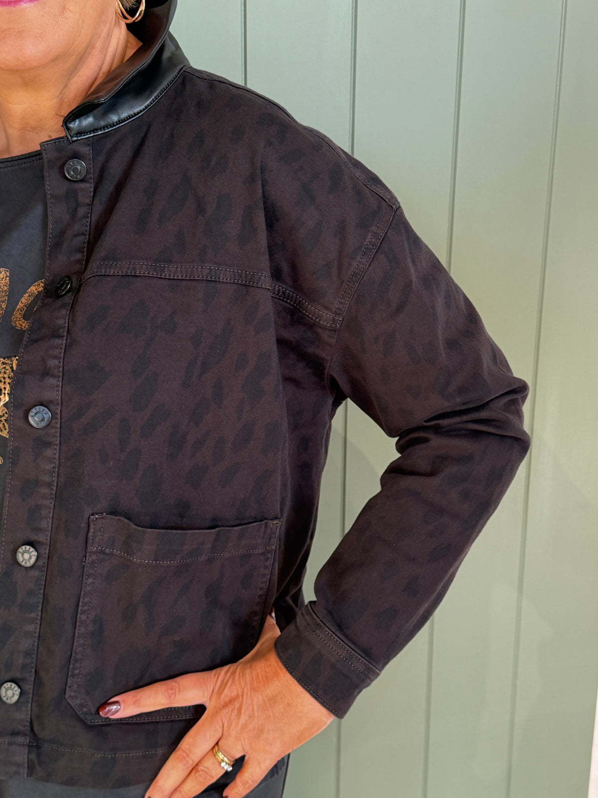 Leo print denim jacket in brown & black mix