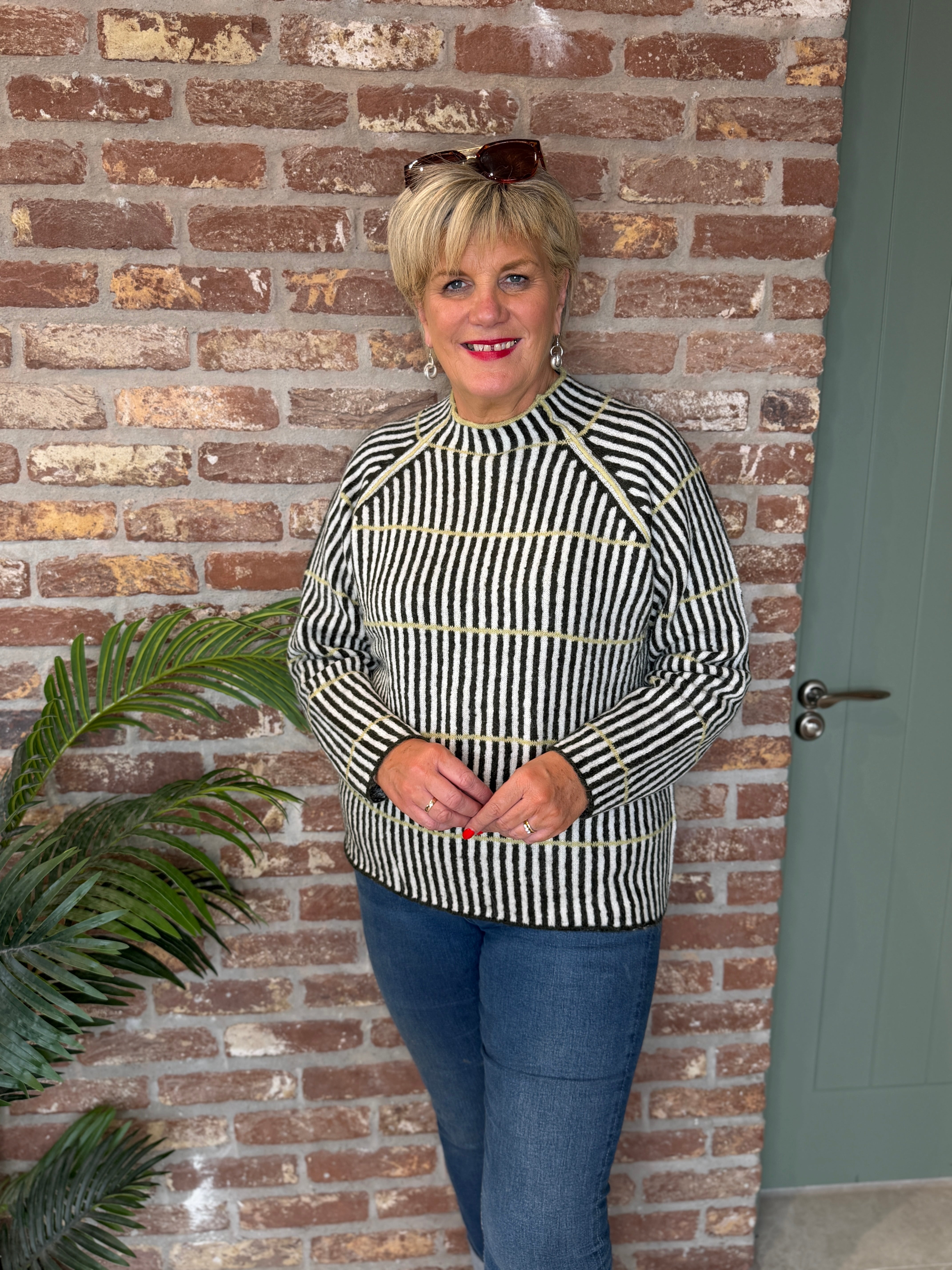 Stripe print pullover in green & lime