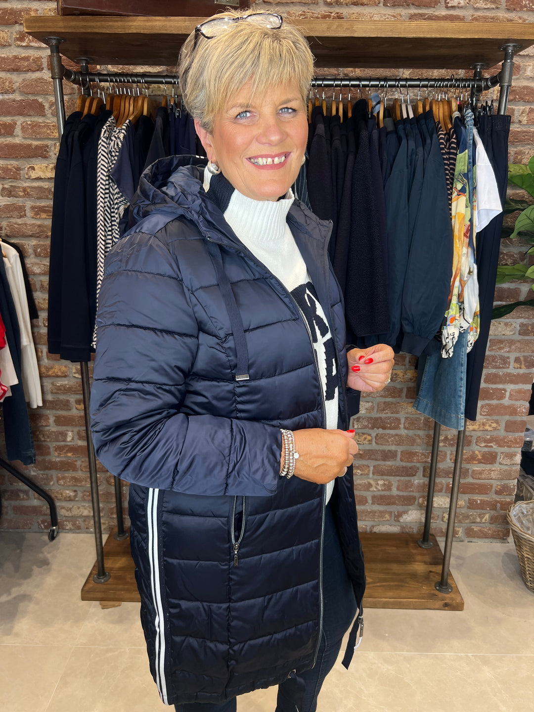 Monari Quilted Coat With Stripes In Navy