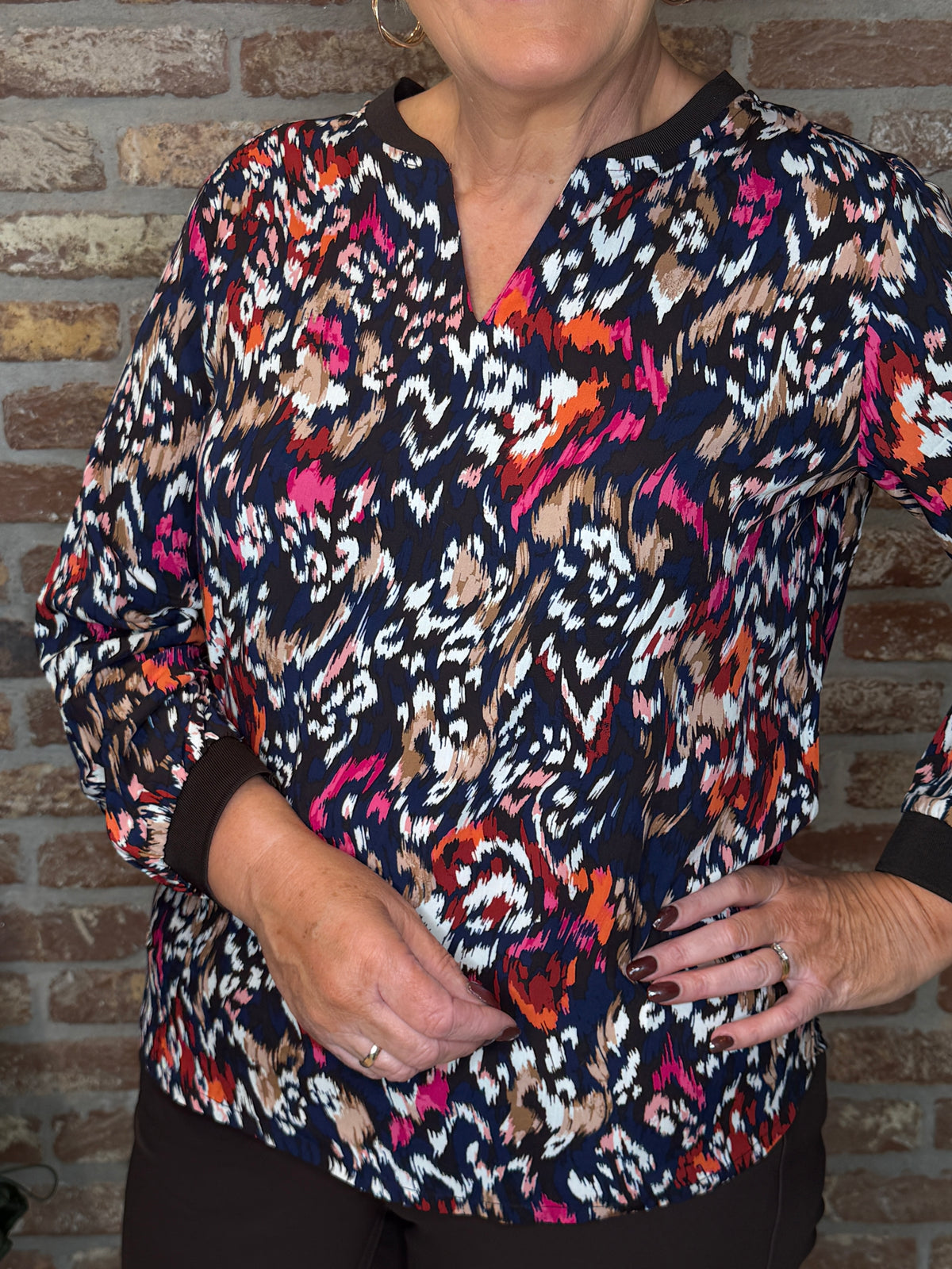 Split neck patterned blouse in truffle brown