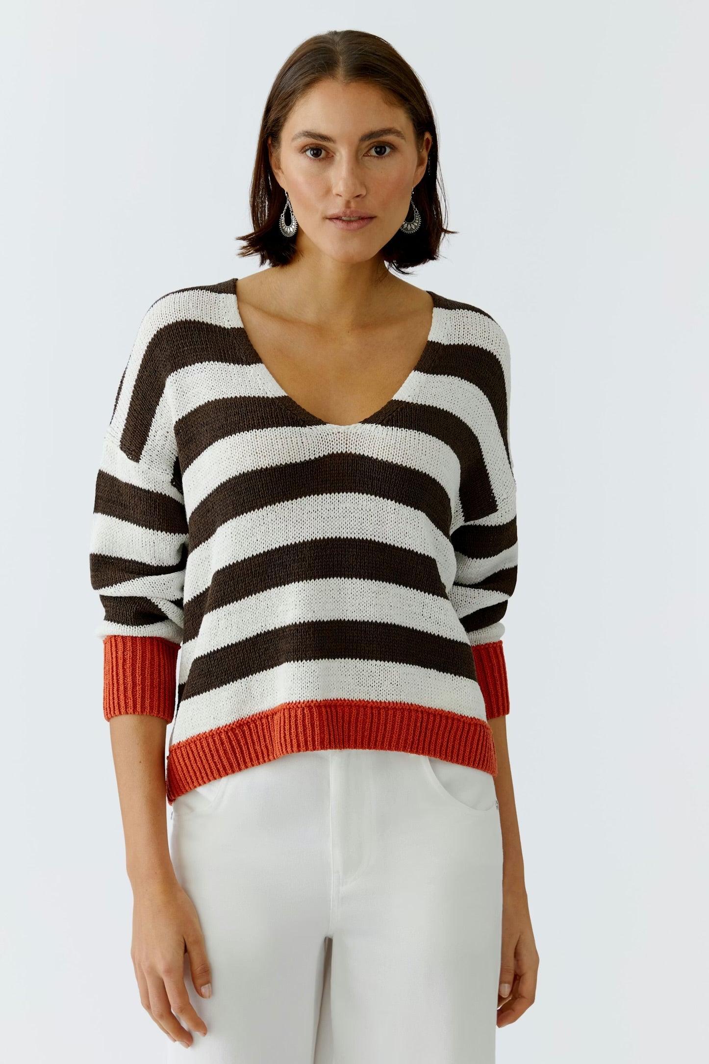 Oui Striped Pullover In White & Brown