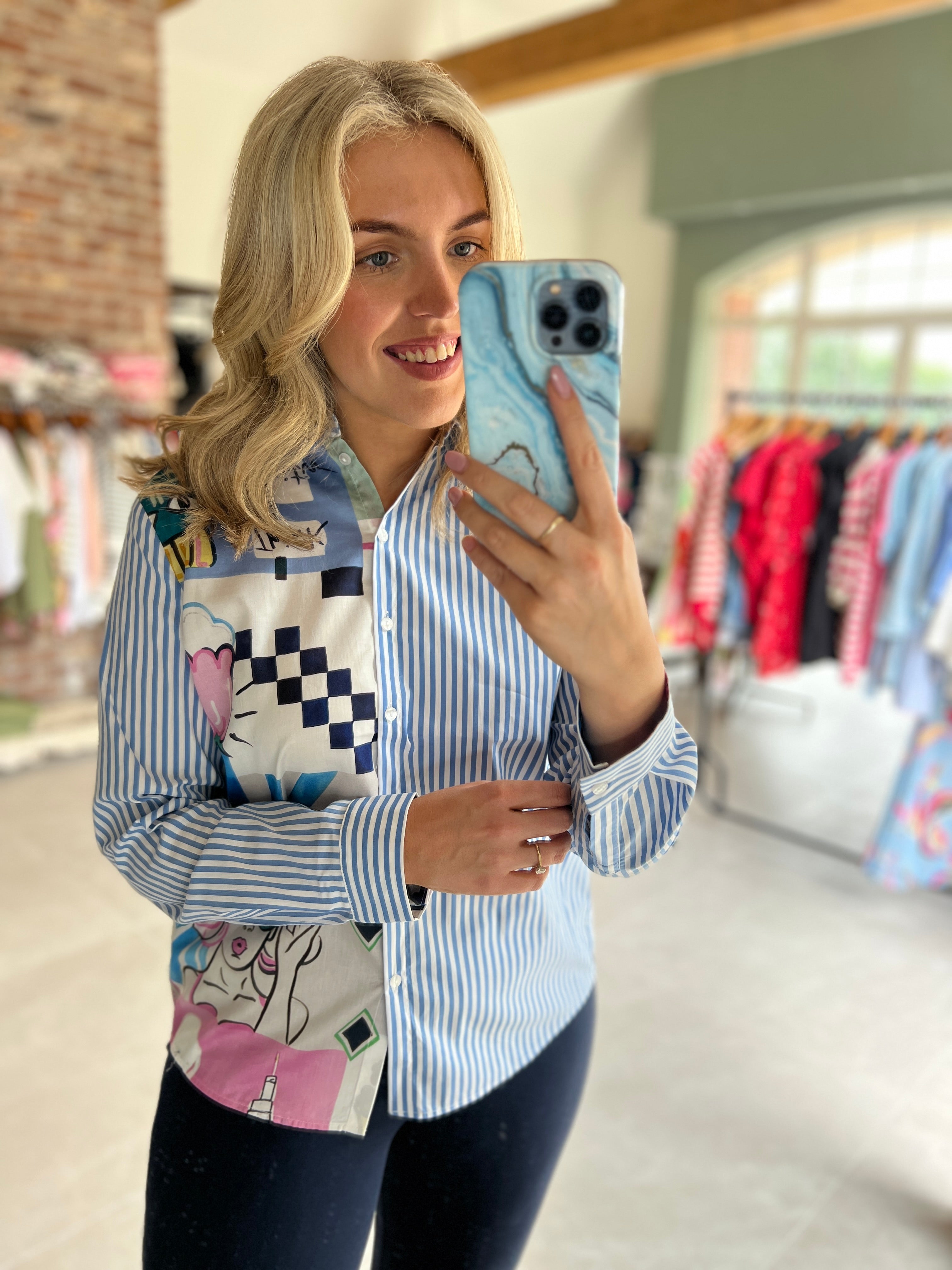 Milano Italy Azur Print Shirt In Blue Multi