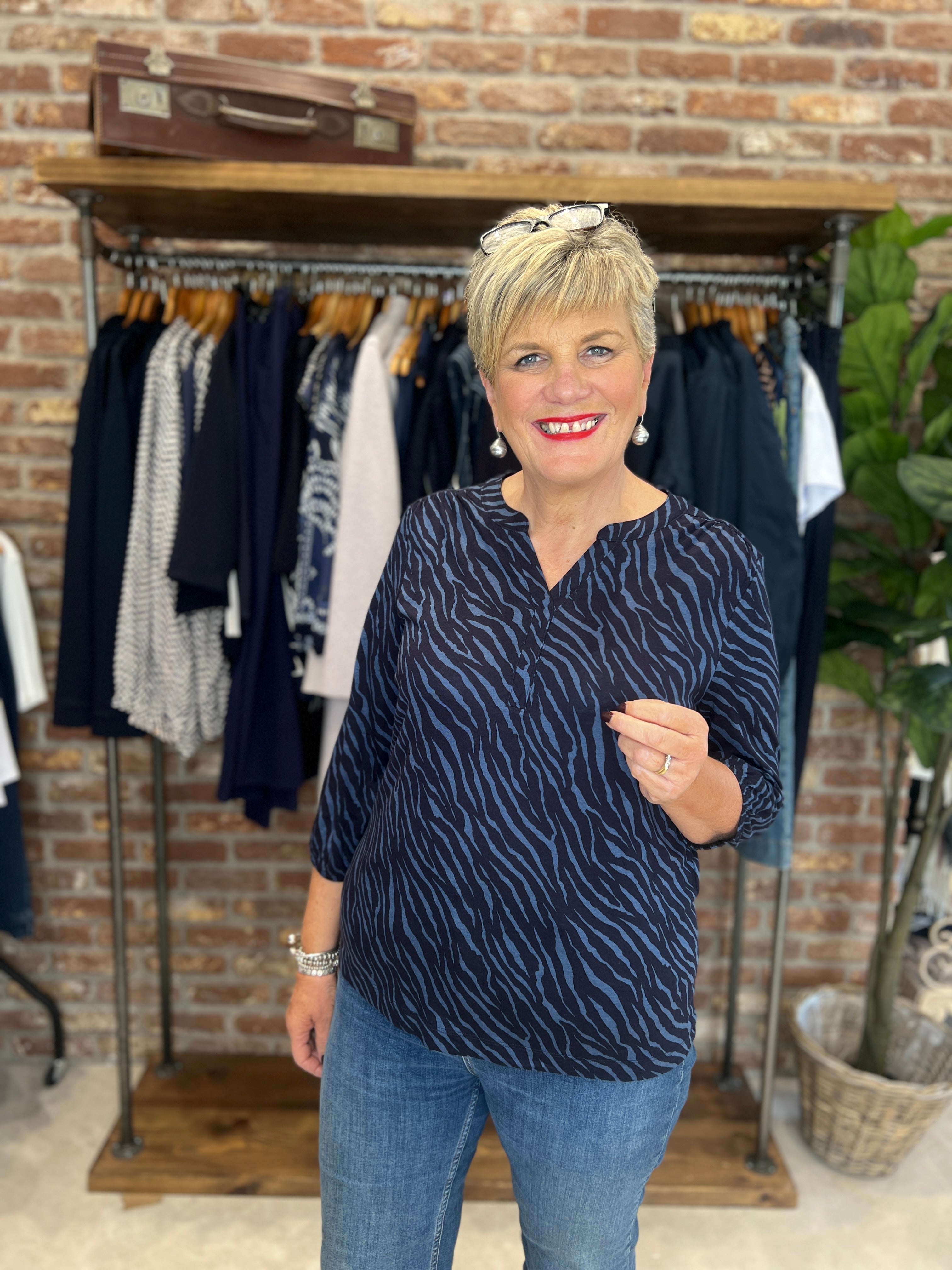 Cecil Split Neck Top In Urban dark blue