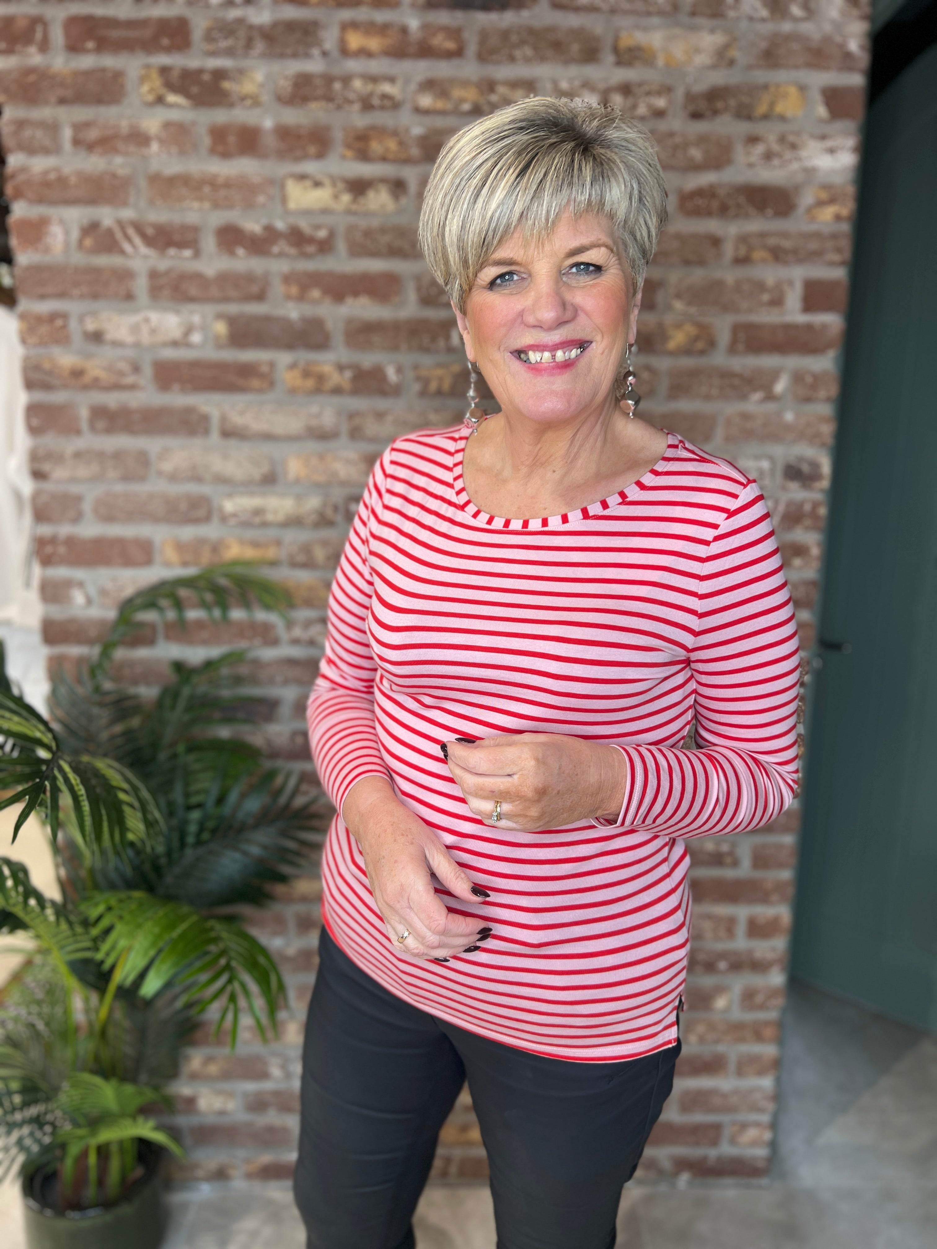 Oui Striped Top In Pink & Red