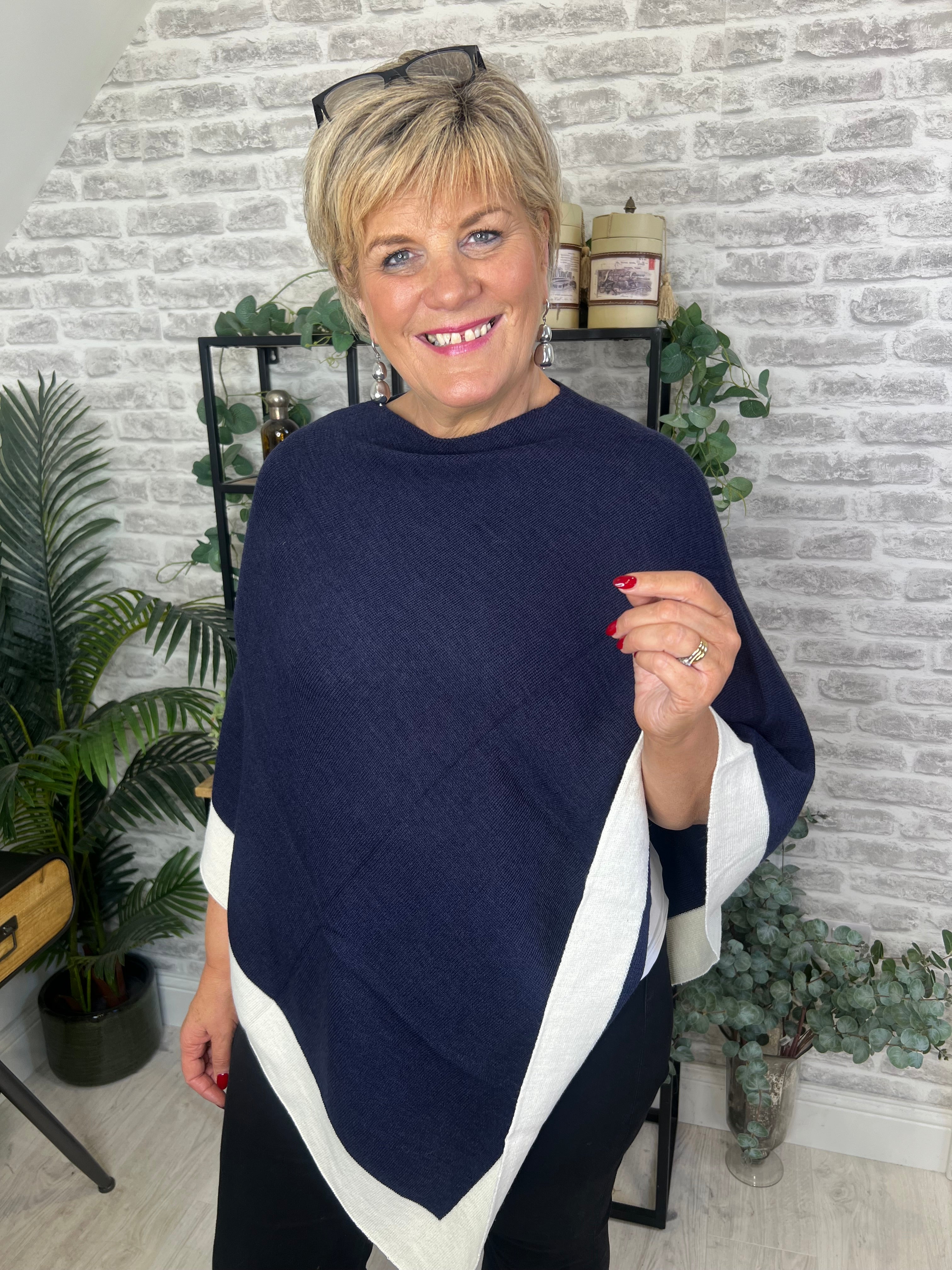 Elsa Poncho With Cream Trim In Navy