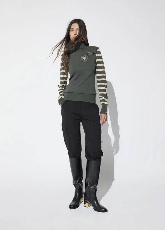 Military style striped jumper in khaki