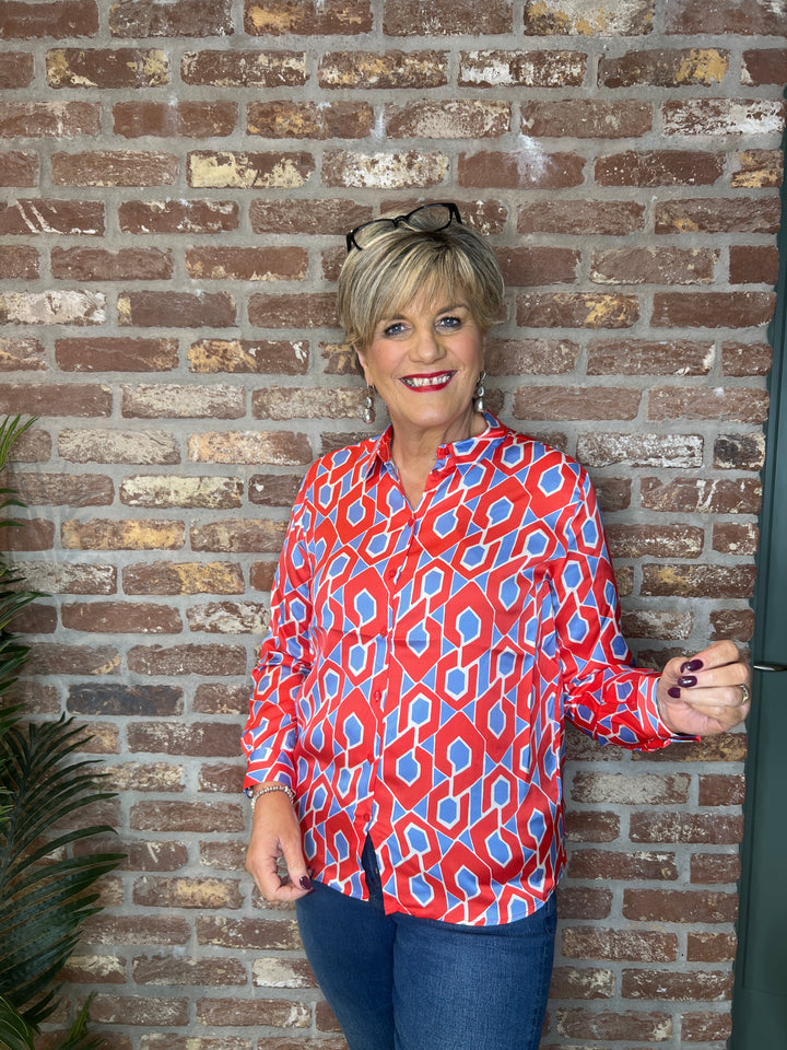 Milano Italy Patterned Blouse In Red multi