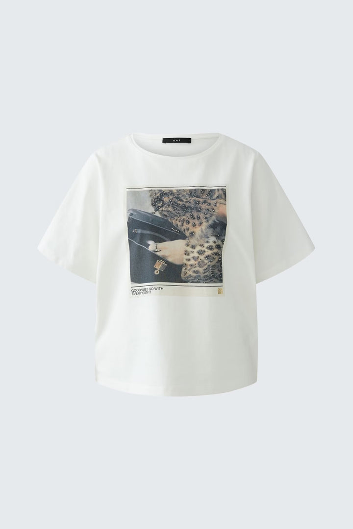 Oui Printed T-shirt In Cloud Dancer