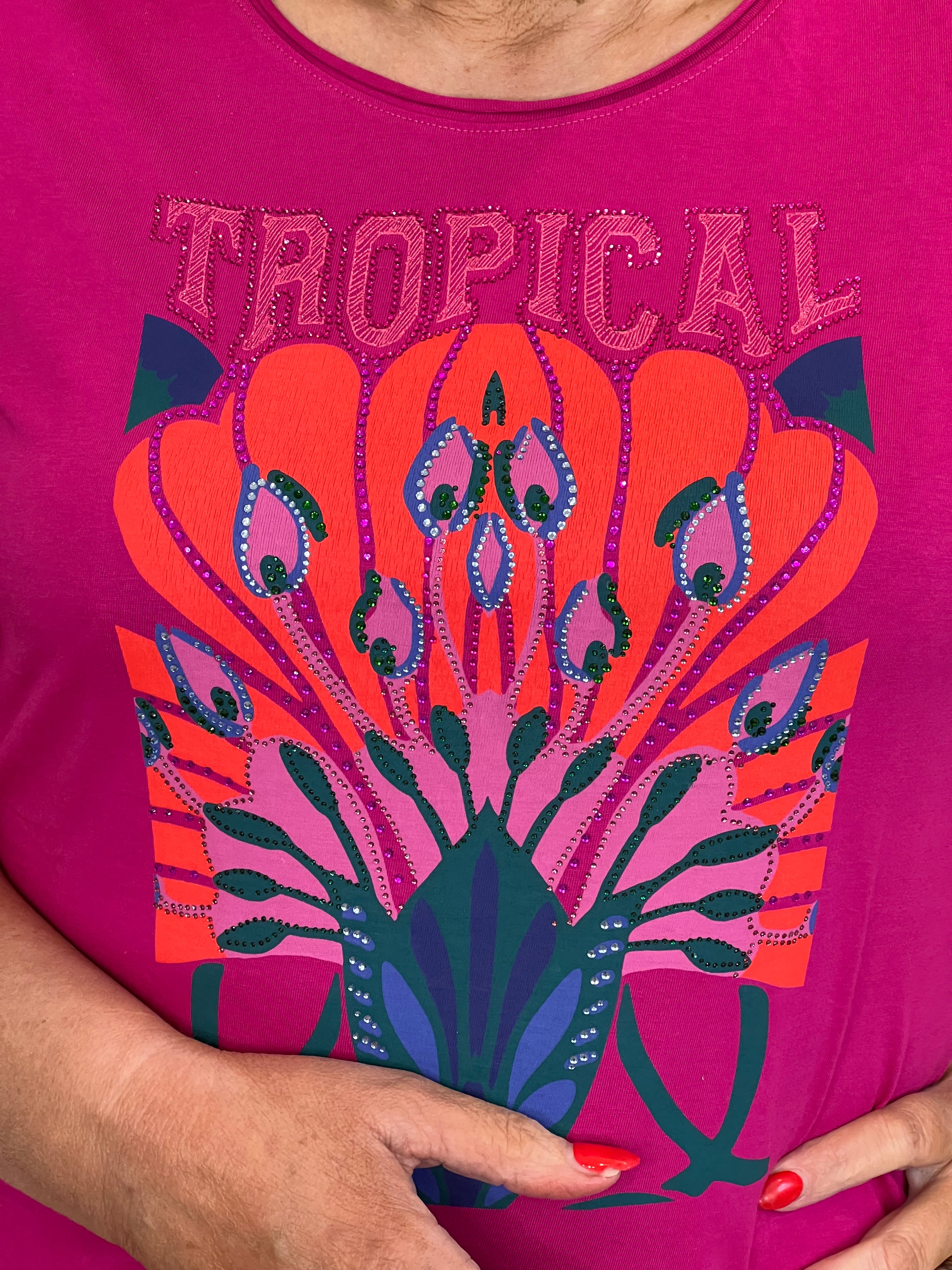 Oui Tropical Pink T-shirt In Pink Multi