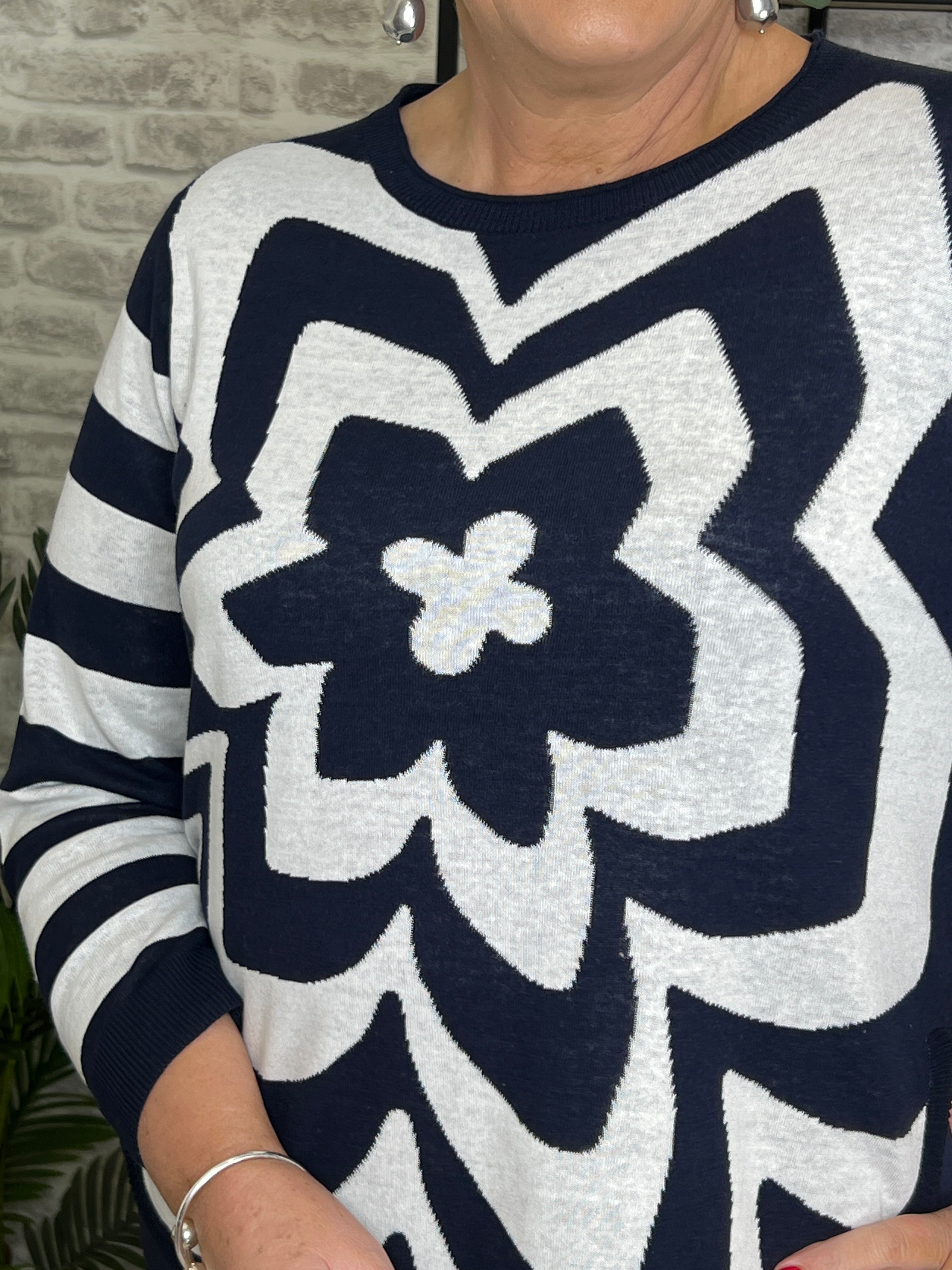 Oui Striped/Floral Jumper In navy & White