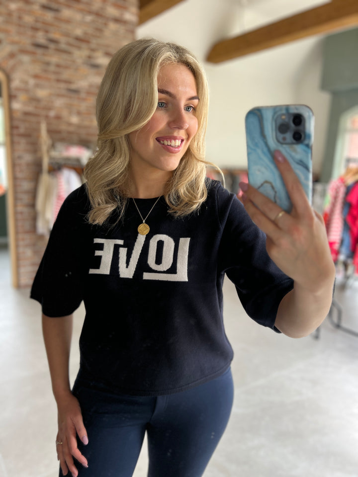 Milano Italy Love Print Pullover In Navy Multi