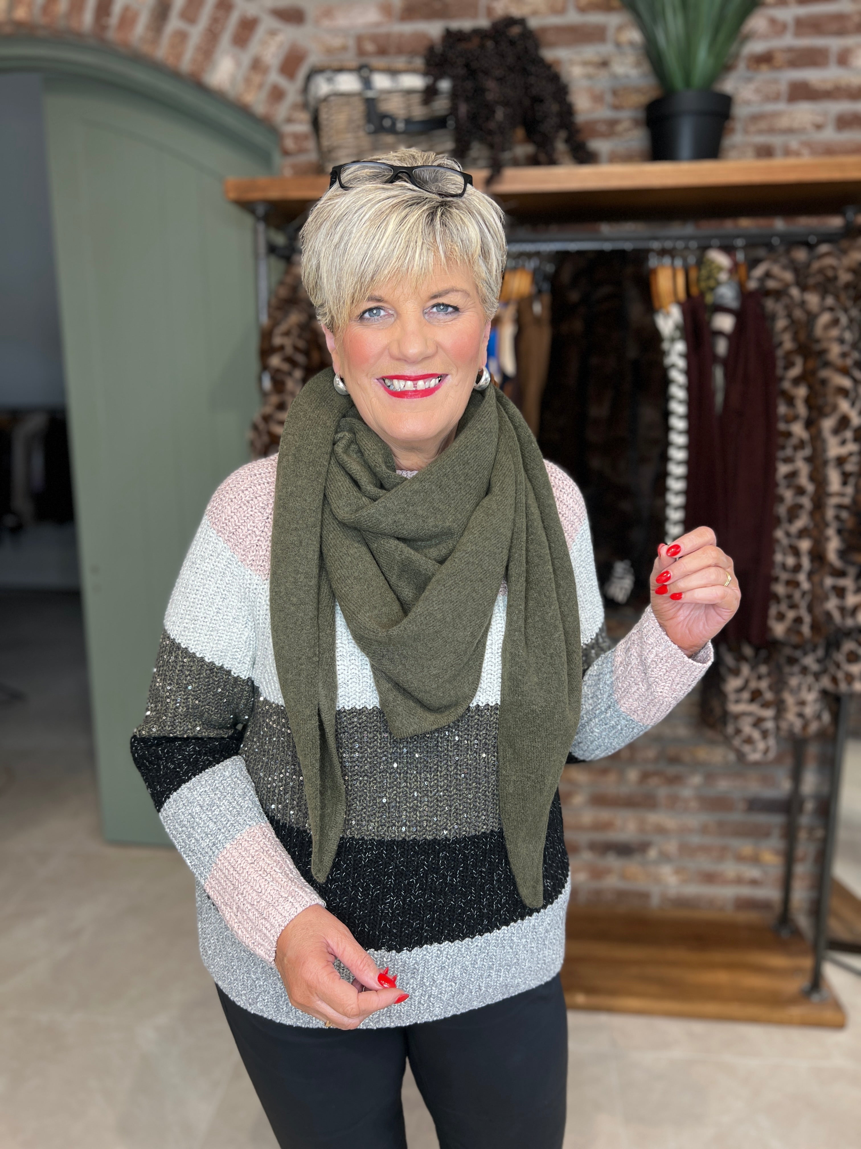 Oui Block Striped Pullover In Khaki Rose