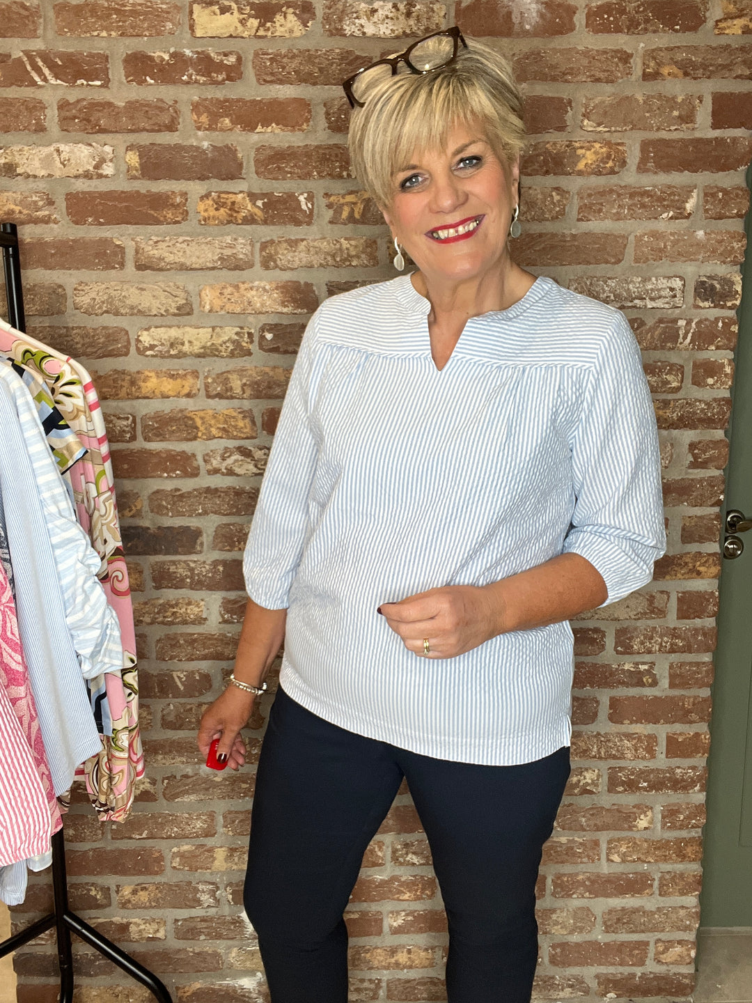 Cecil seersucker Striped Blouse In blouse blue