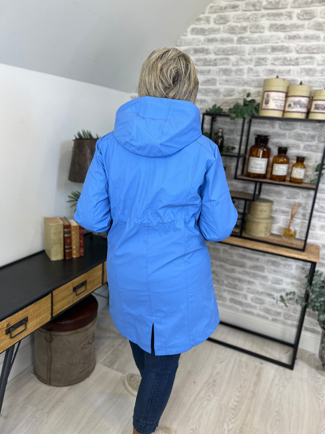 Hailey Long Striped Lined Rain Jacket In Blue