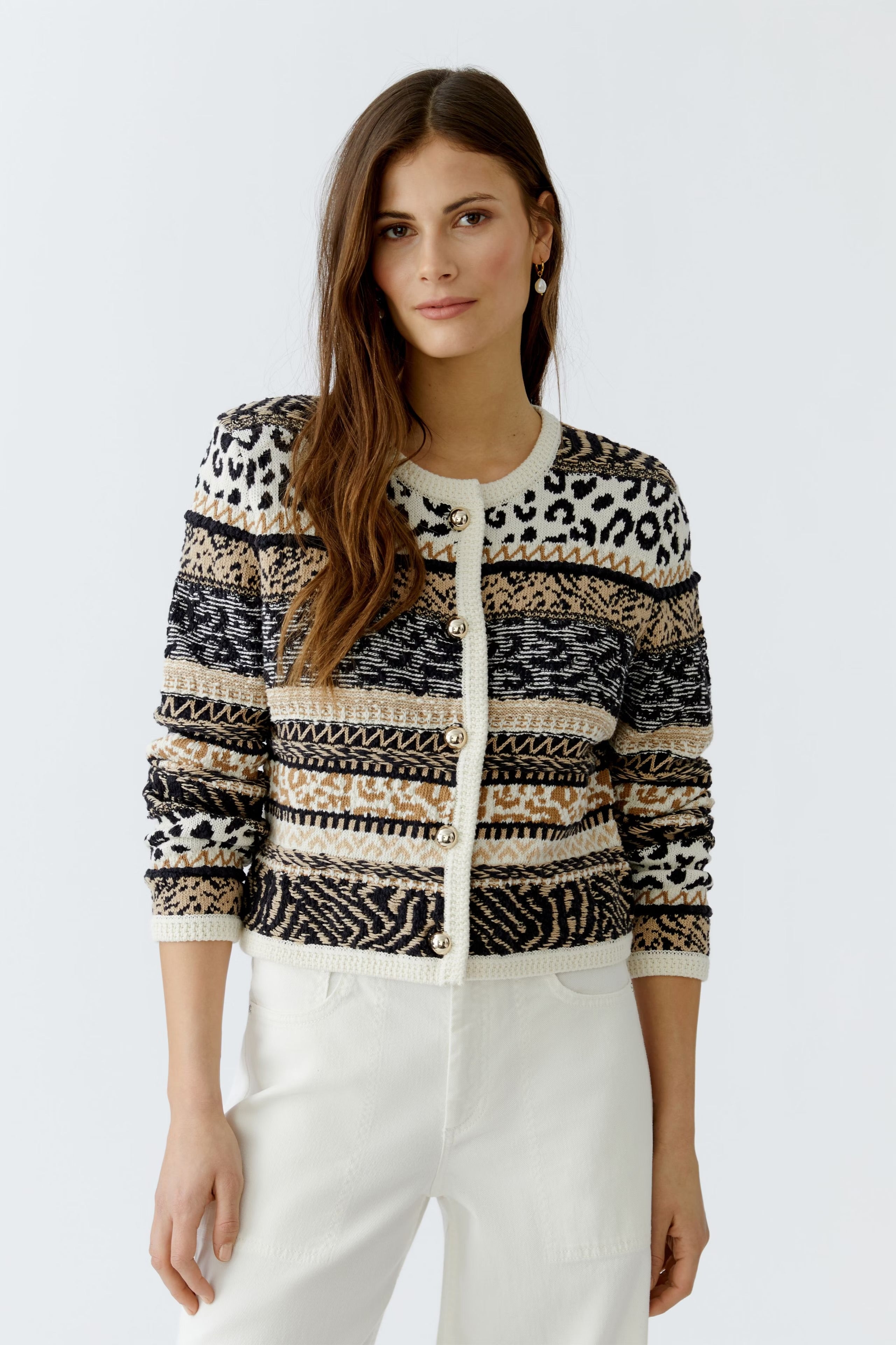 Oui Striped Animal Print Cardigan In Off white & Black