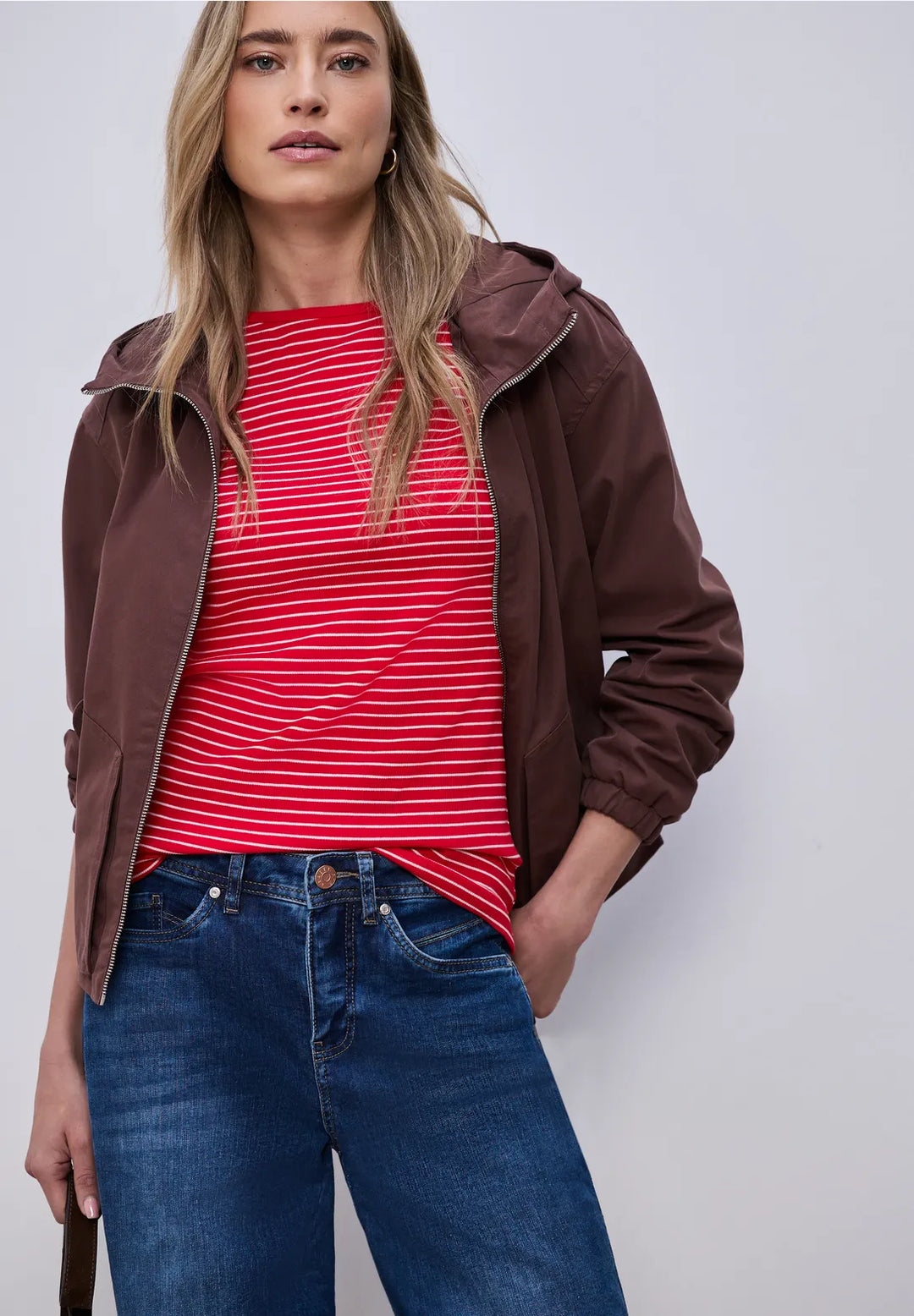 Street One Boat Neckline Striped Top In Salsa Red
