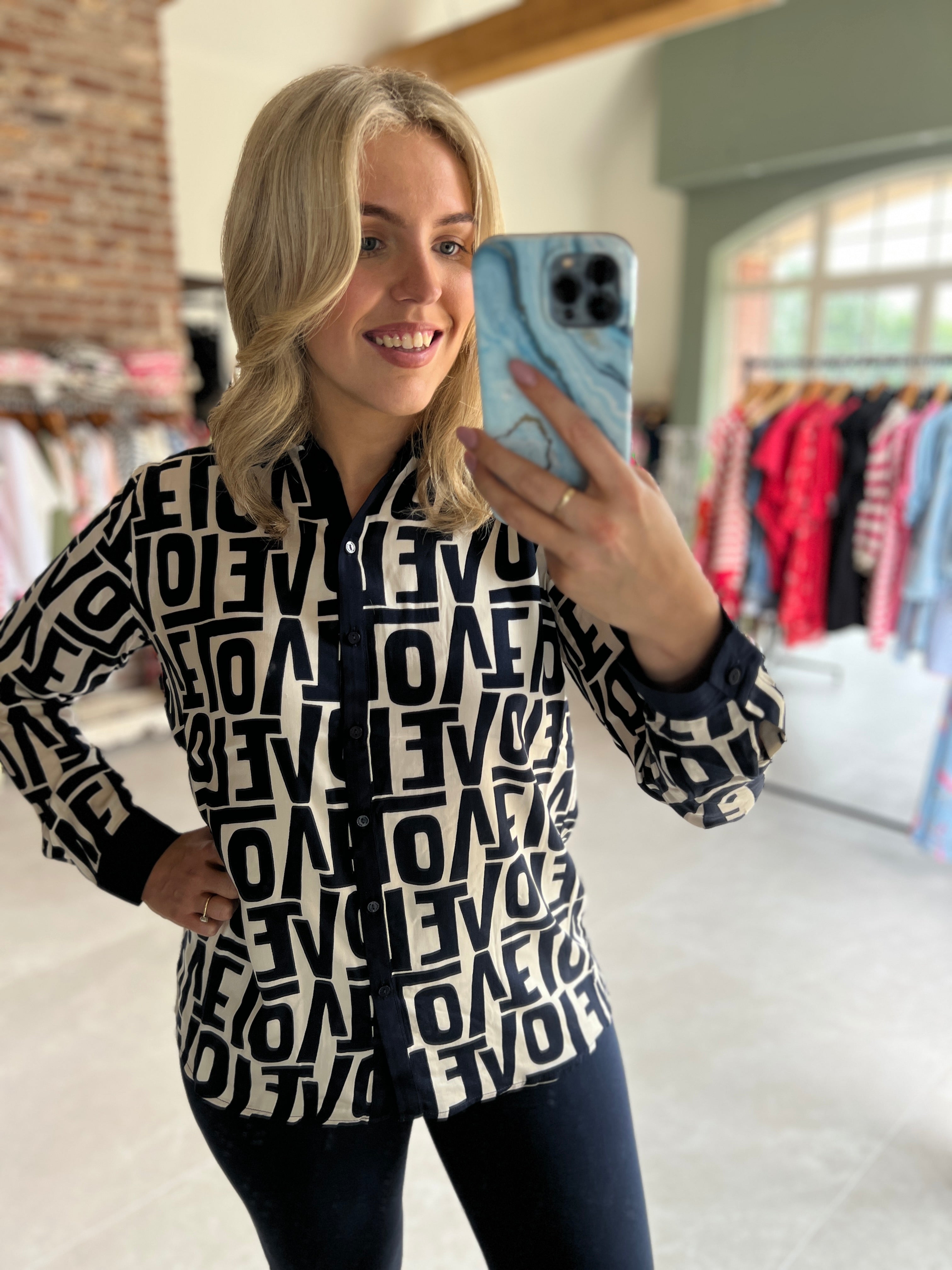Milano Italy Love Print Shirt In Navy Multi