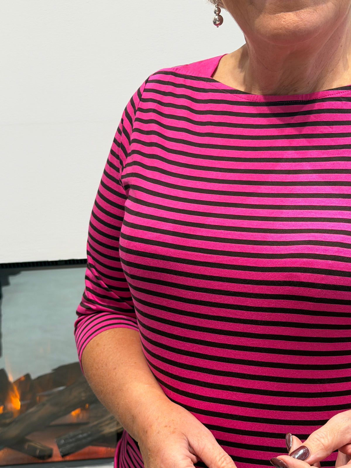 Striped boat neck top in pink & brown