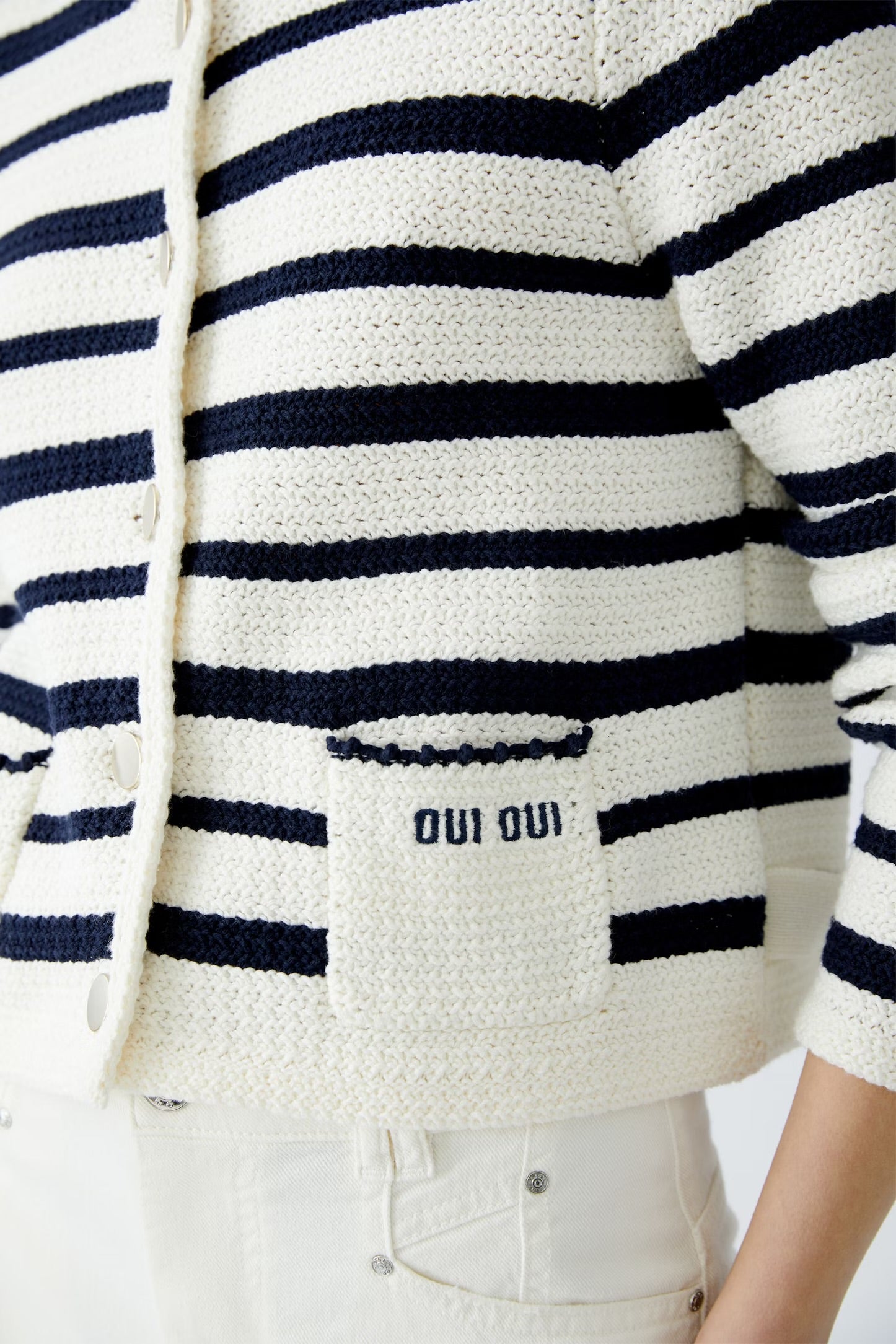 Oui Striped Cardigan In navy & White