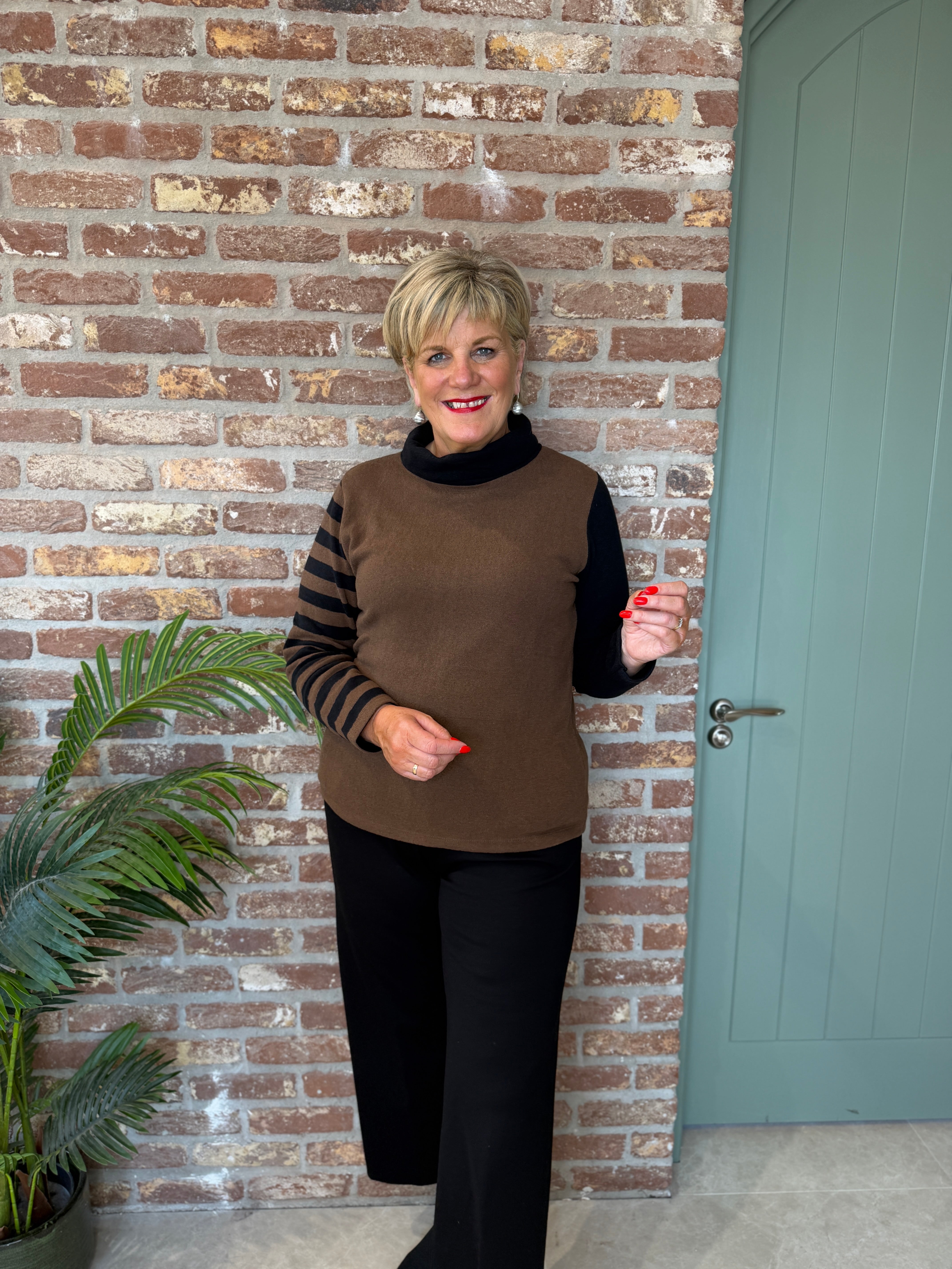 Colour block stripe fleece top in brown & black