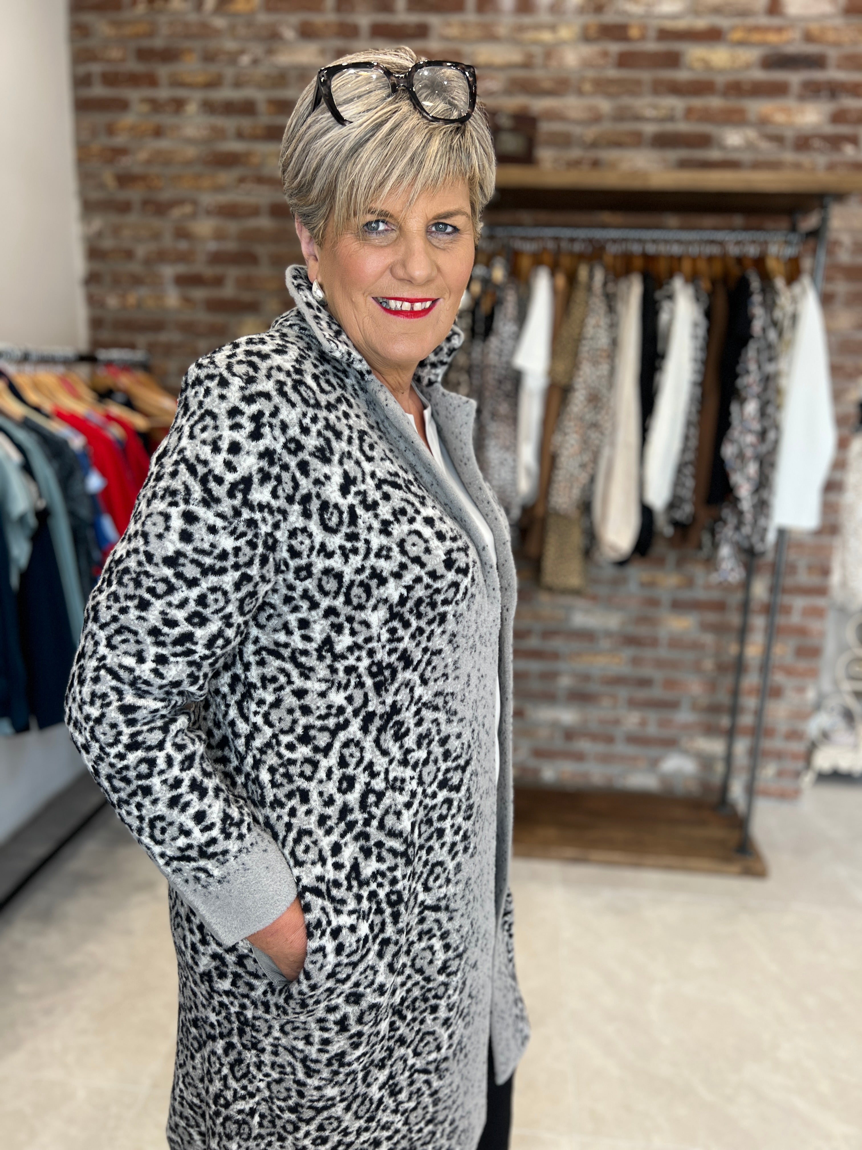 Monari Knitted Cardigan With Leopard Pattern In Griege