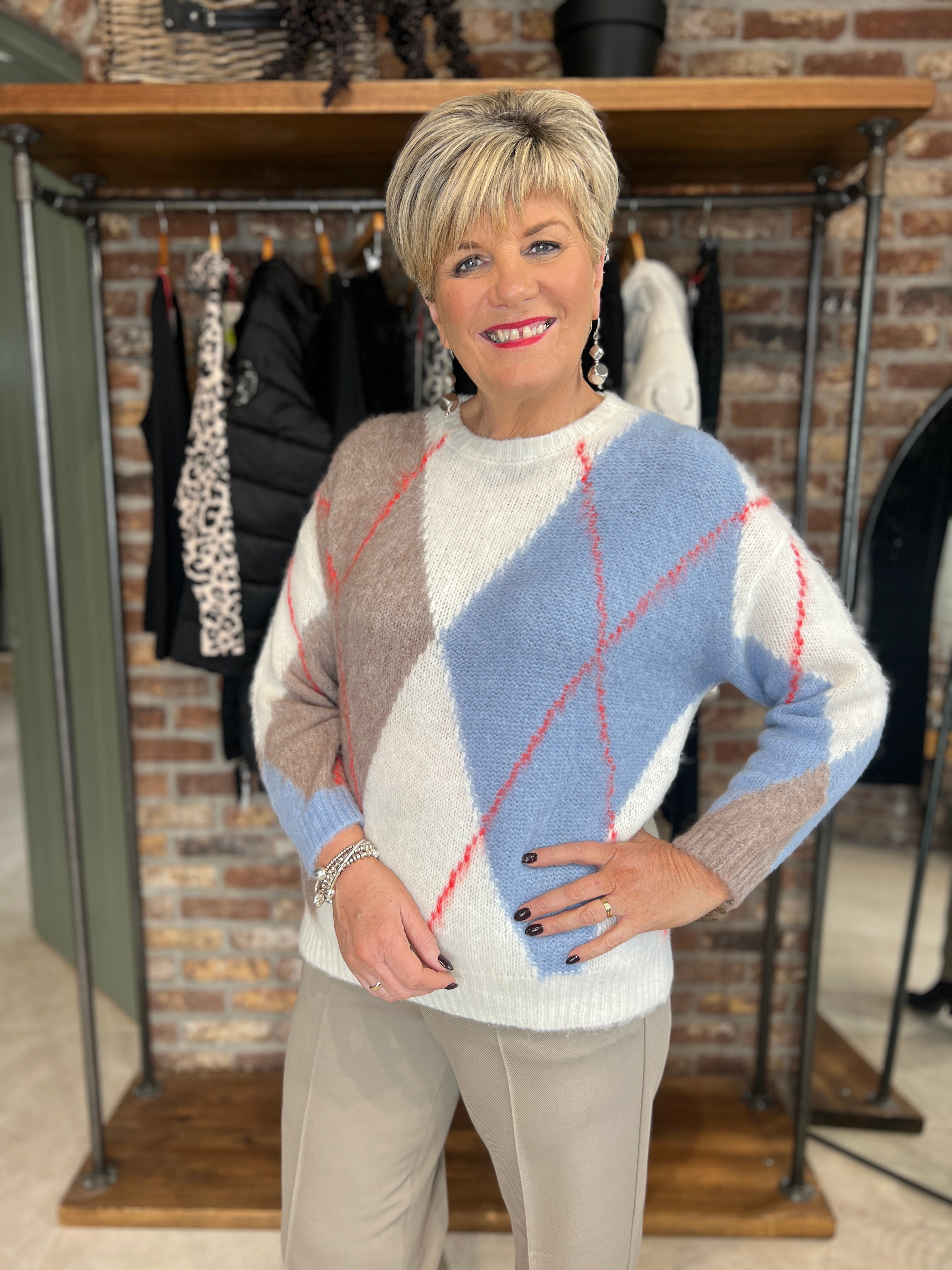 Oui Jacquard Pullover In Blue & White