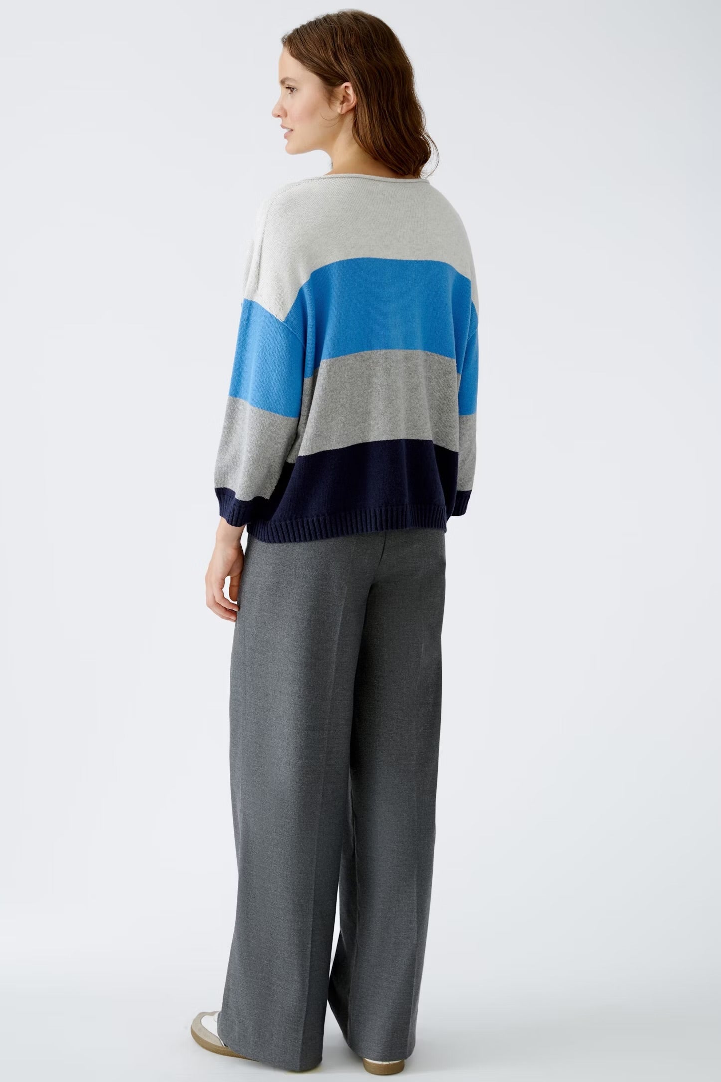 Oui Striped Jumper In Light Grey & Blue