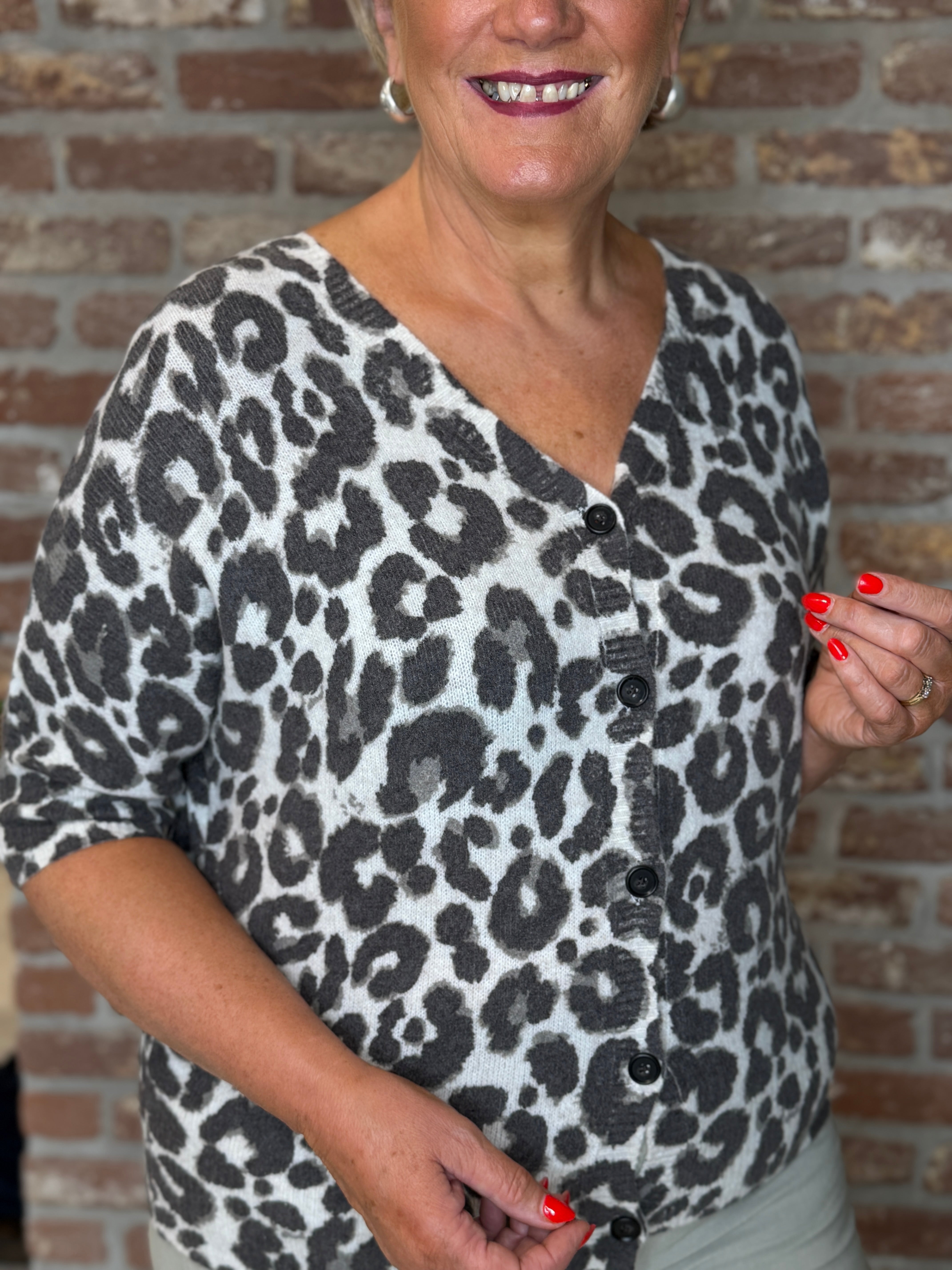 Oui Leopard Print Cardigan in stone & taupe