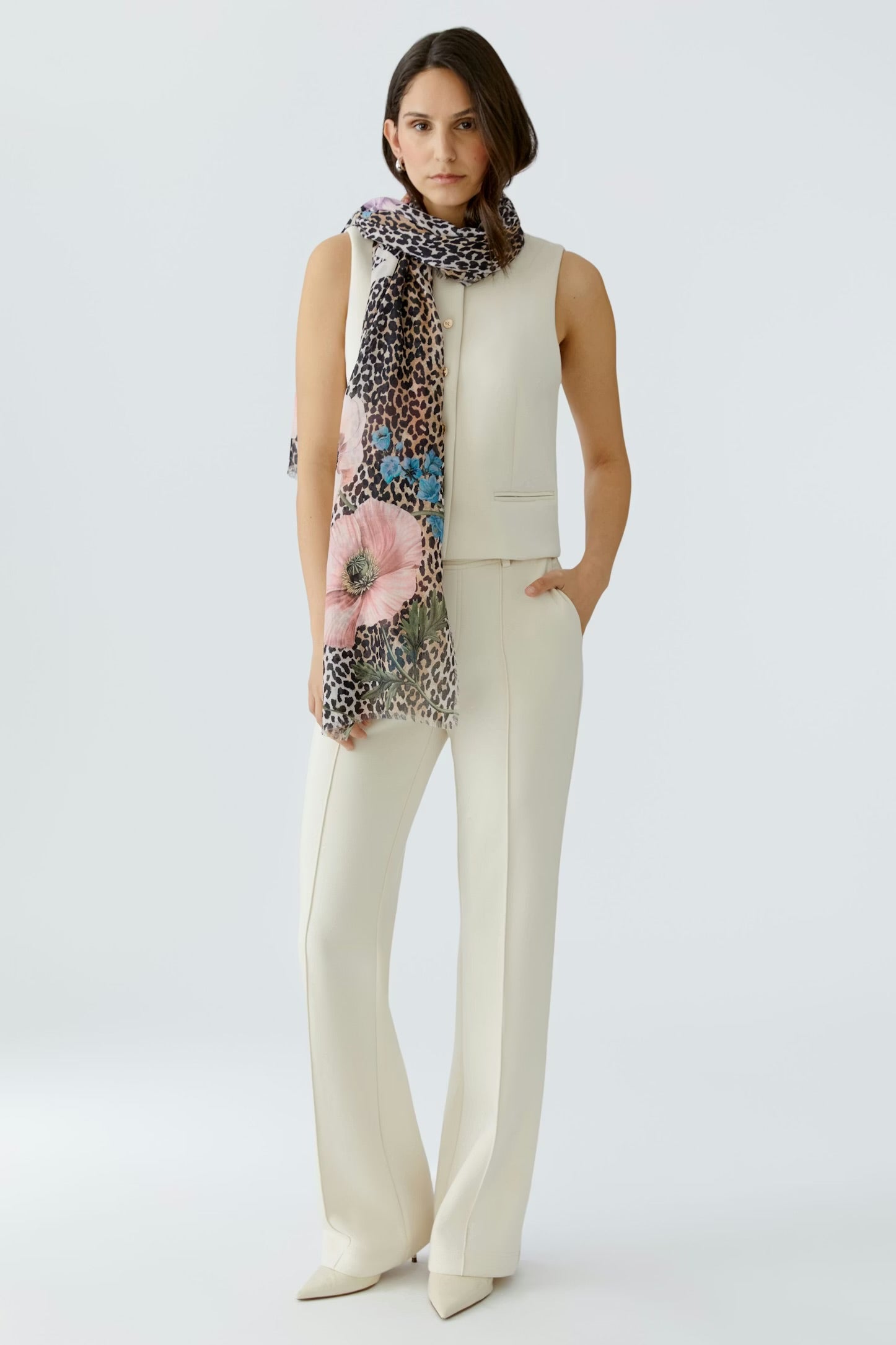 Oui Leopard & Floral Scarf In Gold Red
