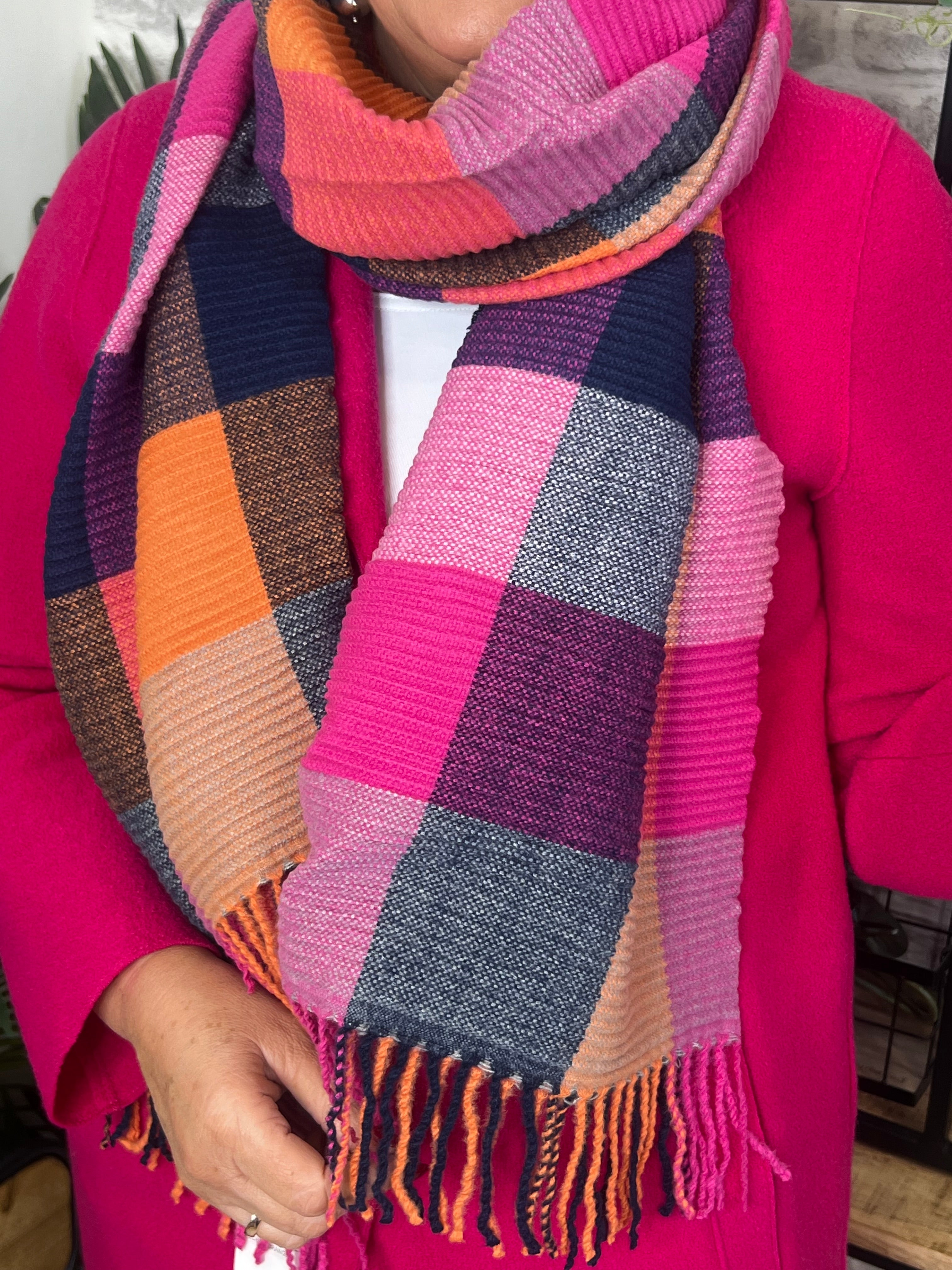 Elsa Checked Ribbed Scarf In Fuchsia Multi