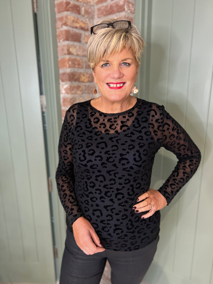 Milano Italy Mesh Top With Leopard In Black