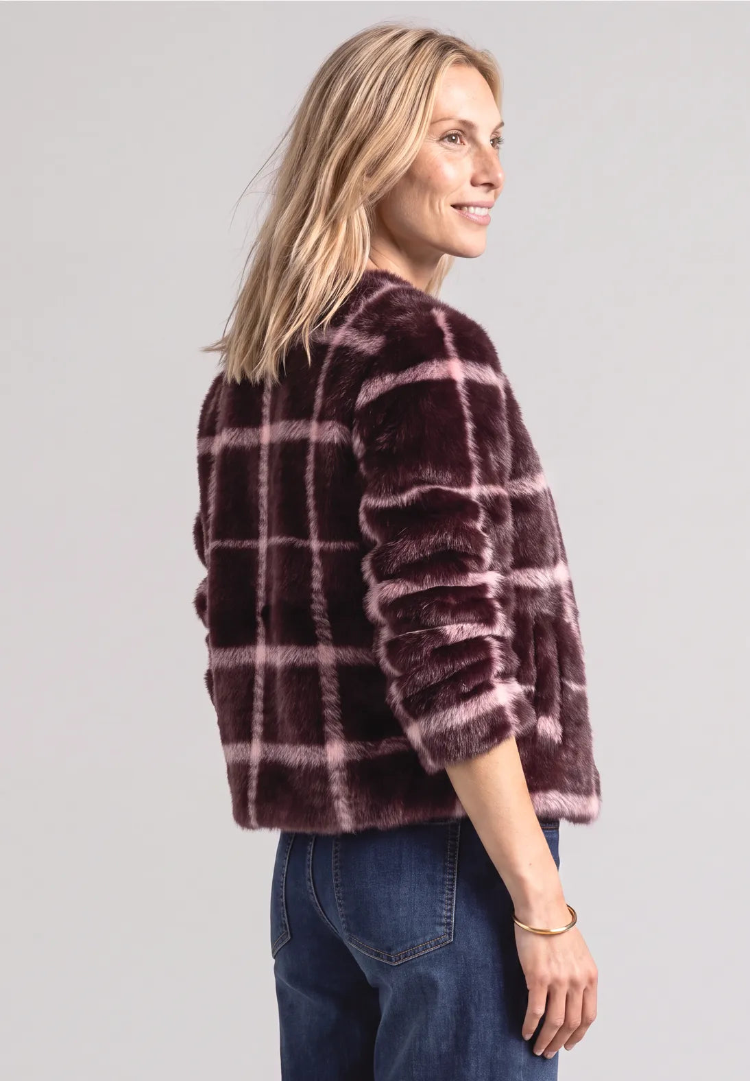 Checked faux fur jacket in rustic rouge