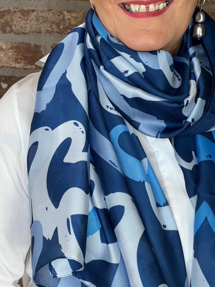 Pipa Heart Silk Scarf In Blue Multi