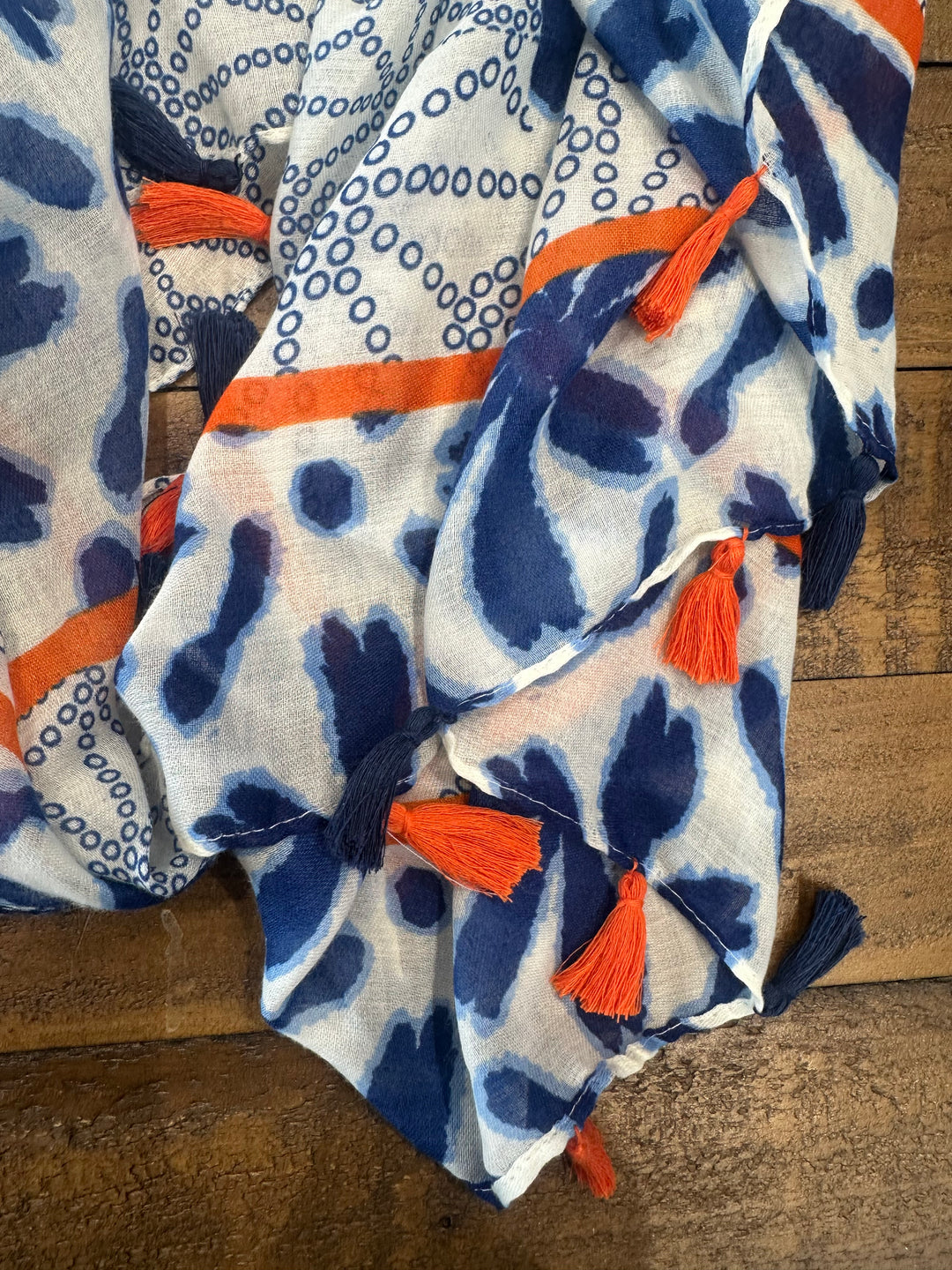 Olivia Tassel Leaves Scarf In Denim Blue