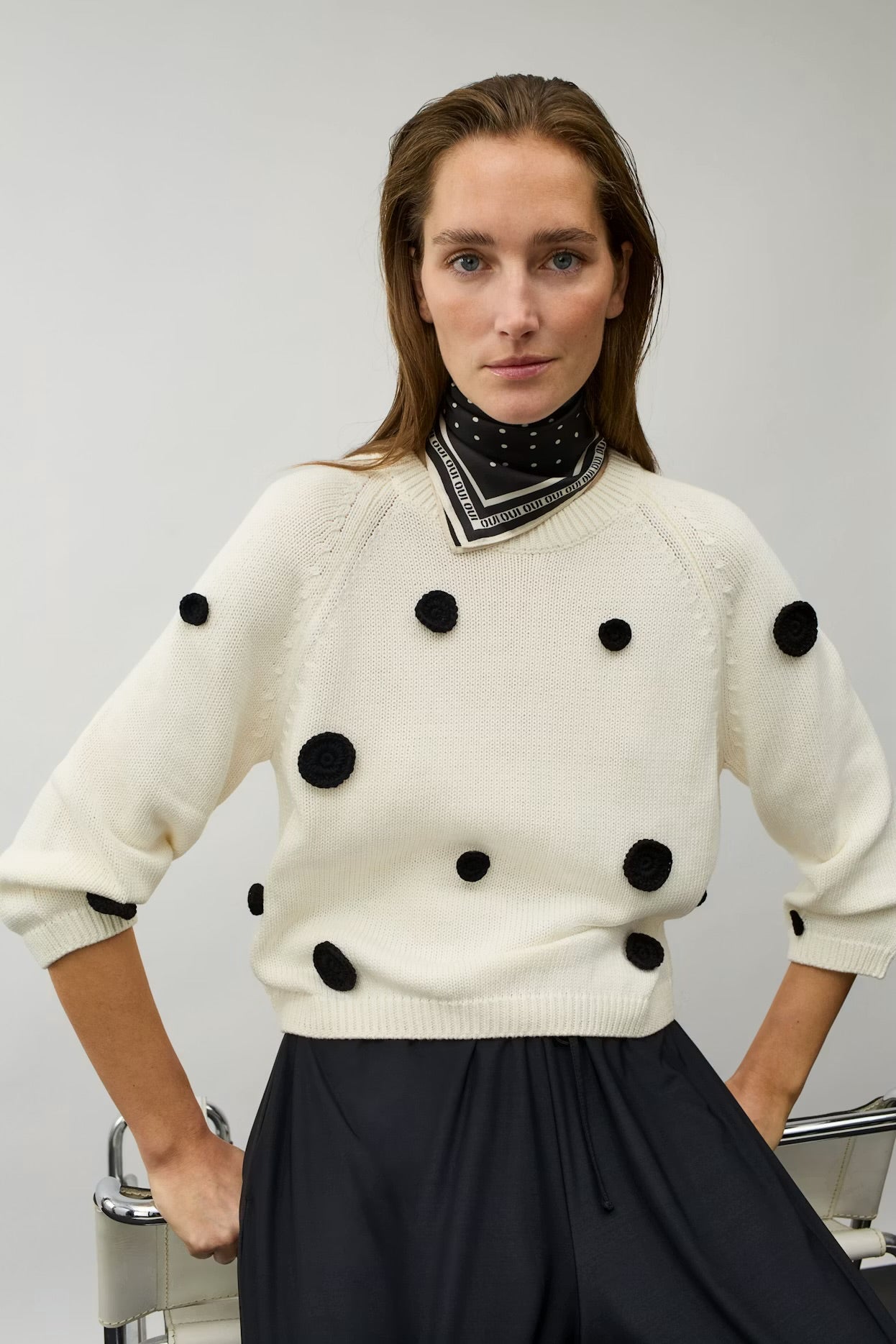 Oui crocheted appliquéd dots jumper in white & black