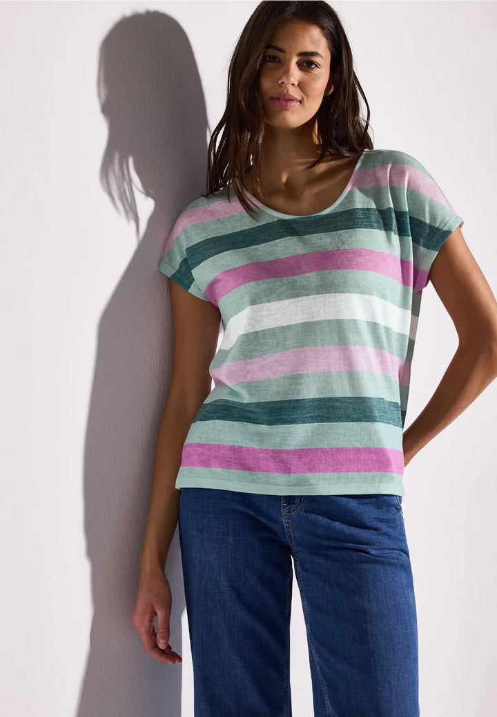 Street One T-shirt With Stripes In Soft Jade Green