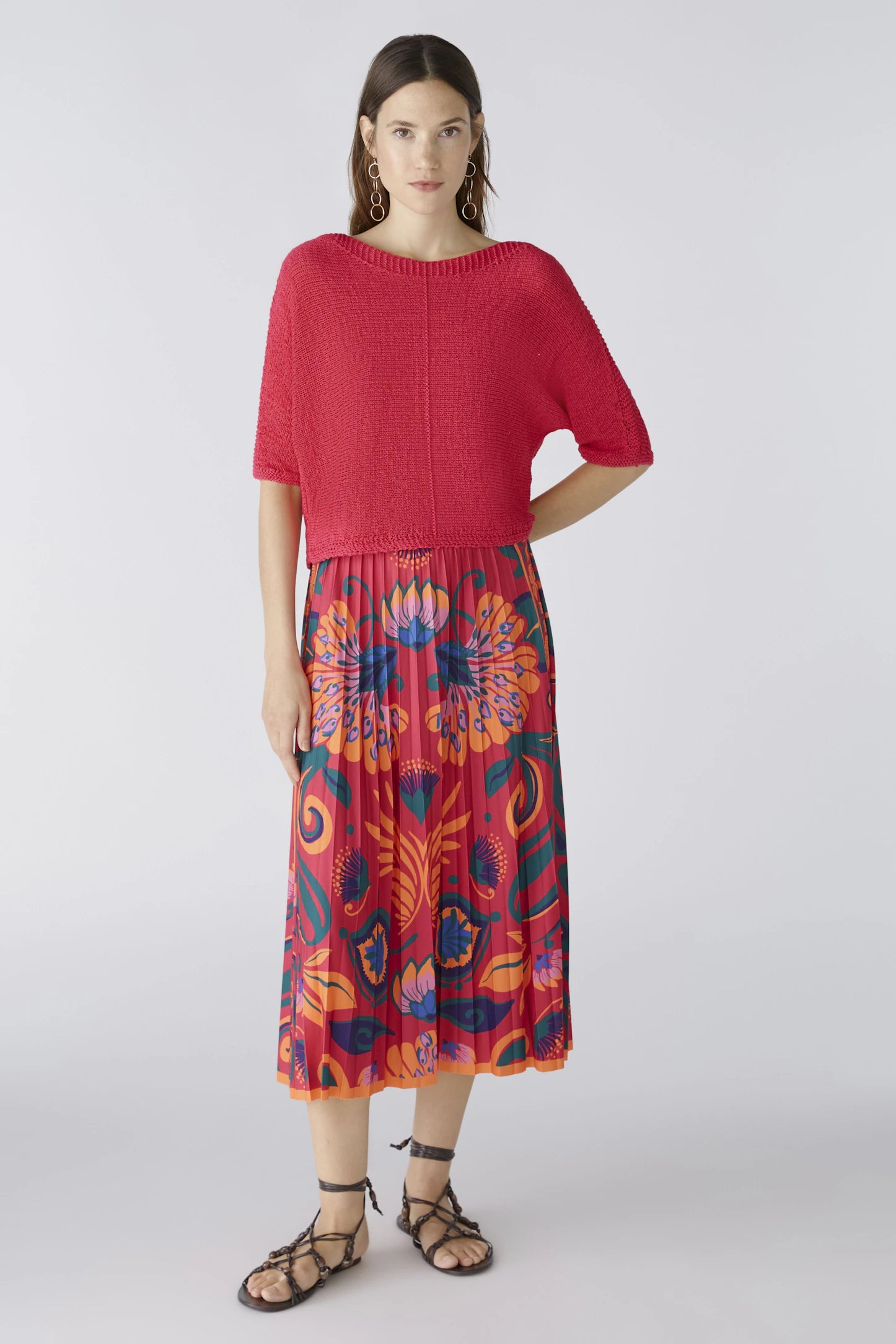 Oui Midi Silky Touch Skirt In Pink & Orange