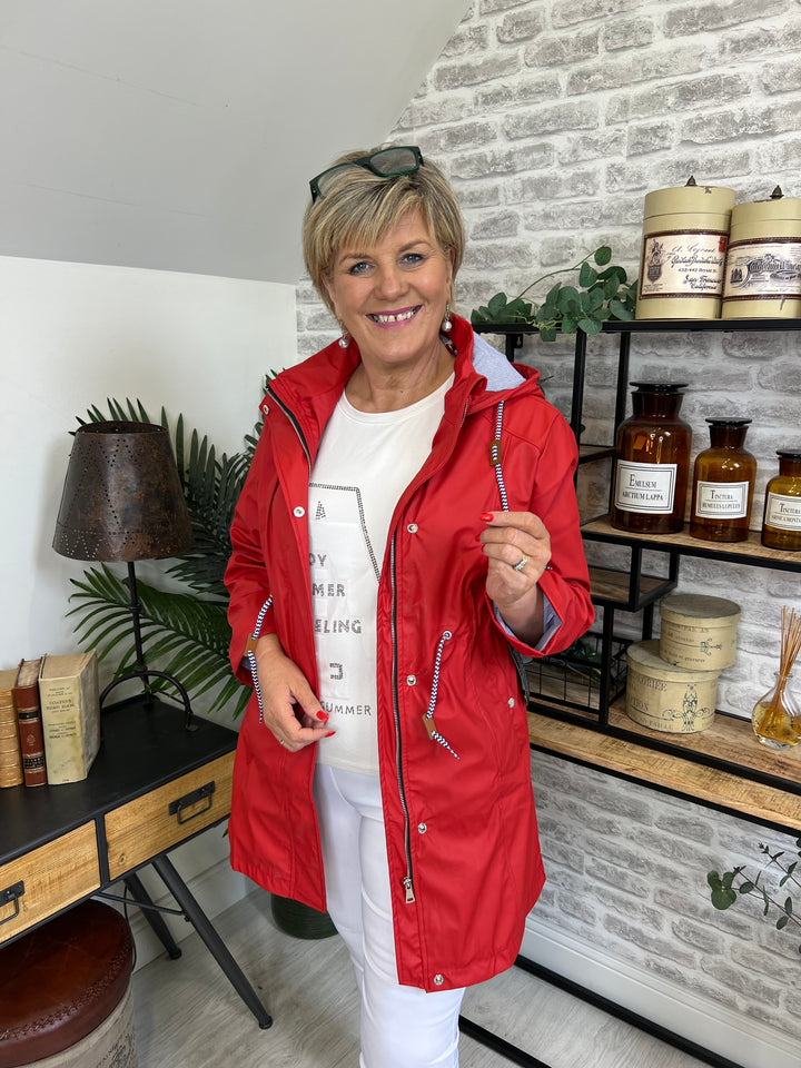 Hailey Long Striped Lined Rain Jacket In Red