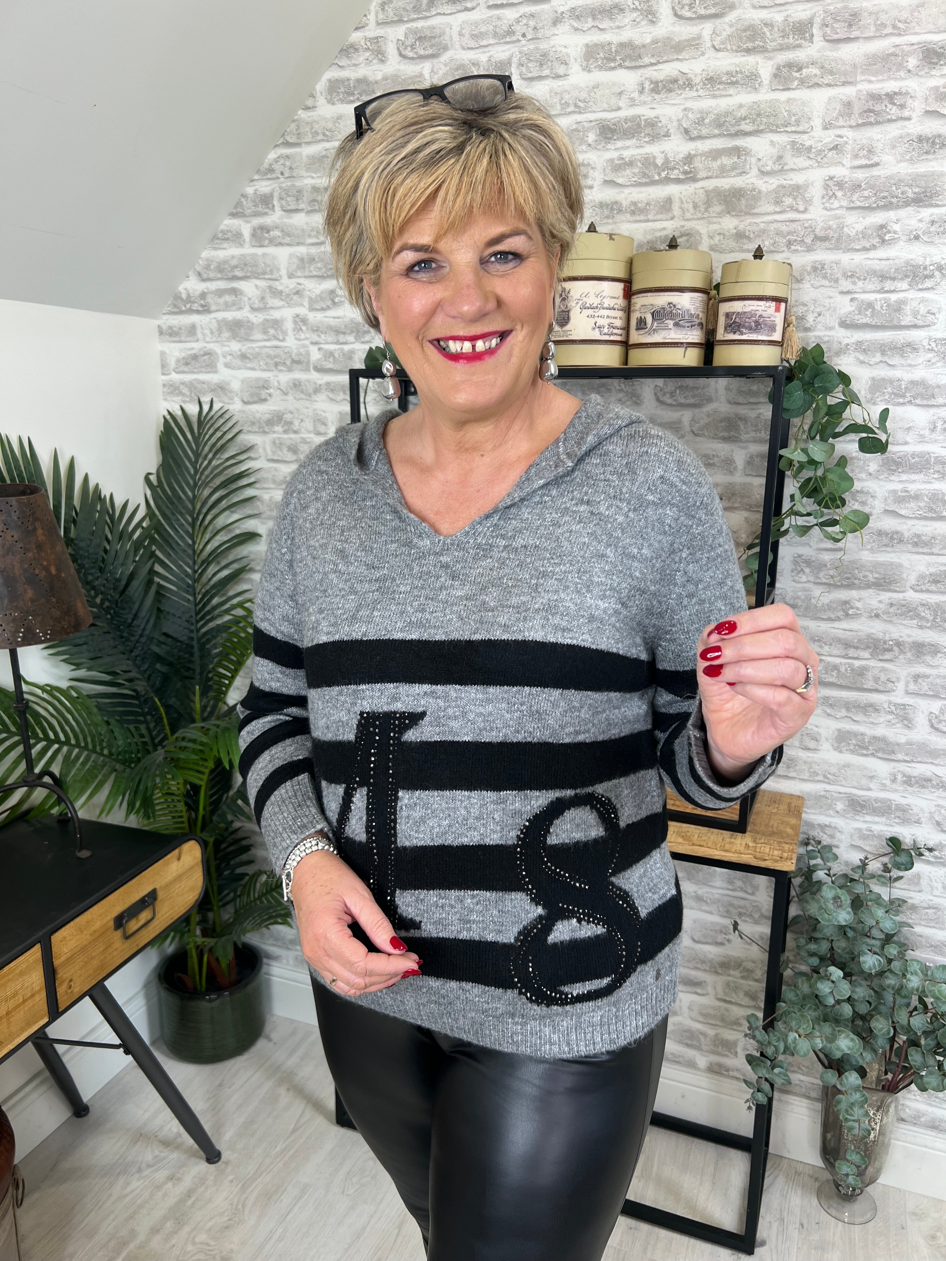 Monari Striped Jumper With Rhinestones In Grey & Black