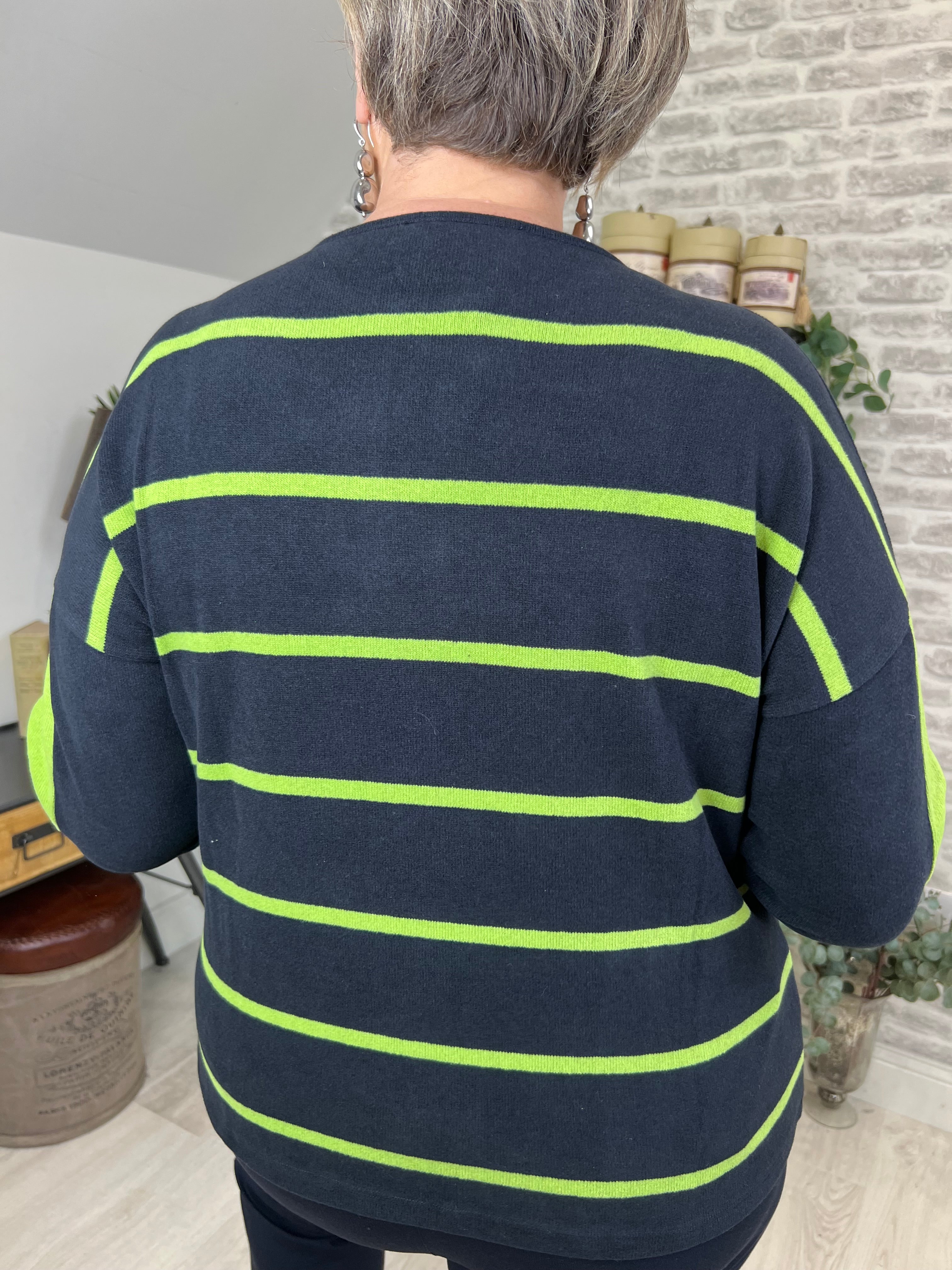 Peruzzi Stripe Sleeve Knit In Navy & Green