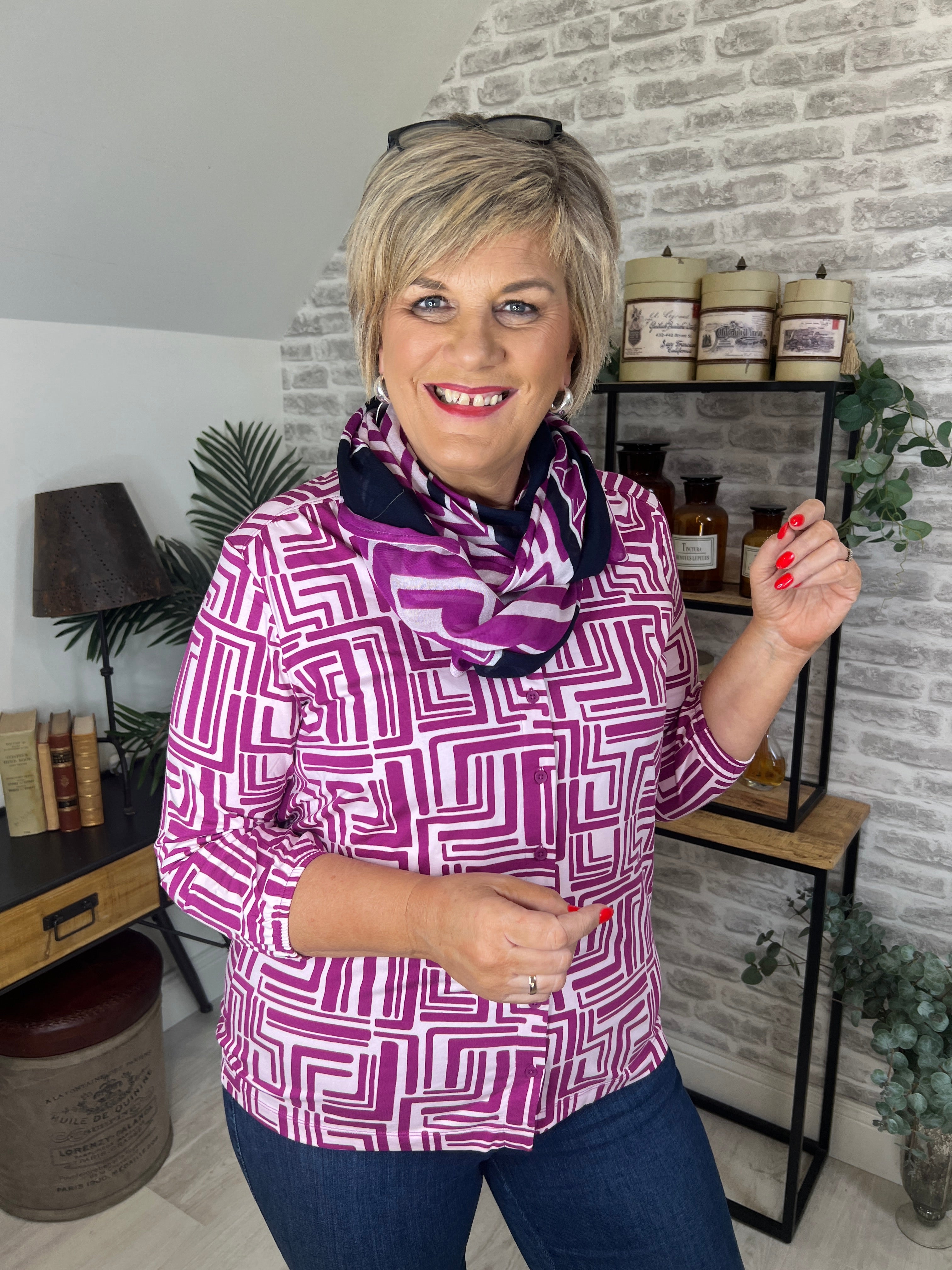 Cecil Big Print Buttoned Top In Anemone Pink