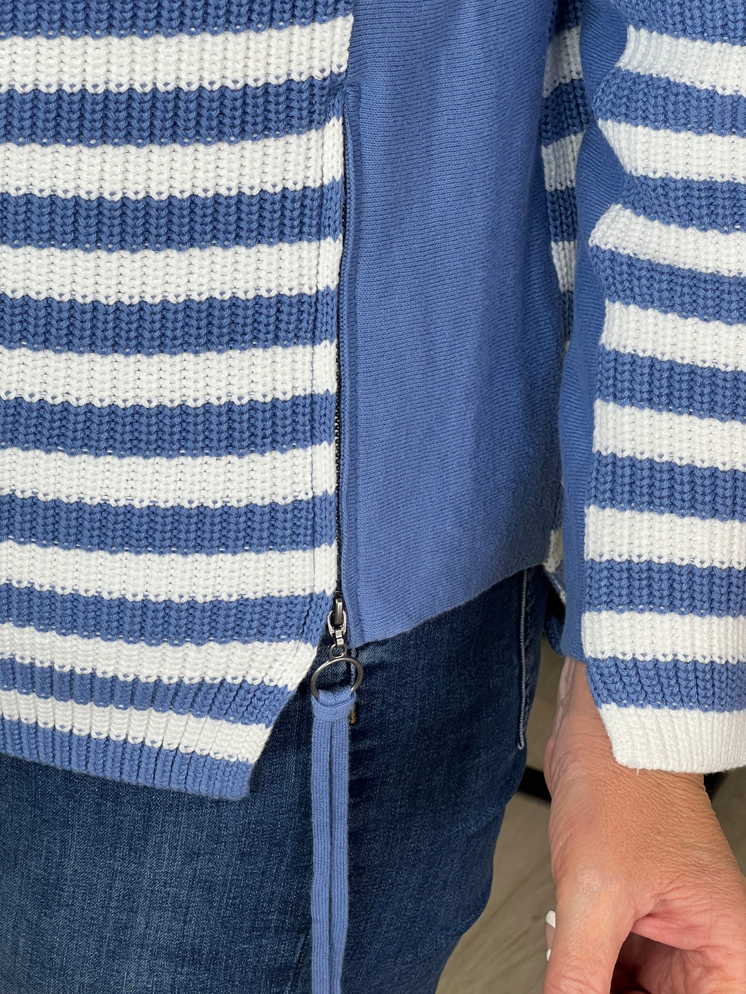 Oui Ruby Ribbed Jumper In Light Blue & White