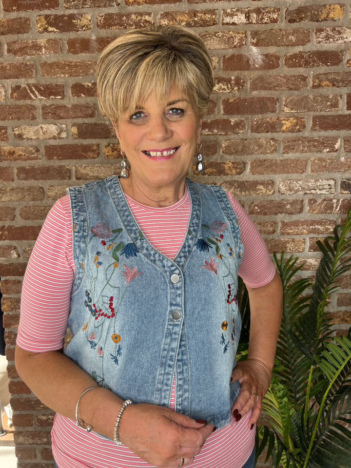 Culture Embroidery Waistcoat In Light Wash