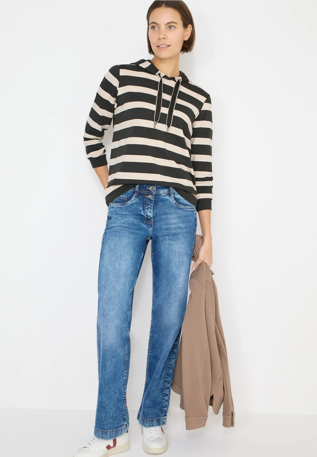 Cecil Striped Hoodie In Raw Khaki