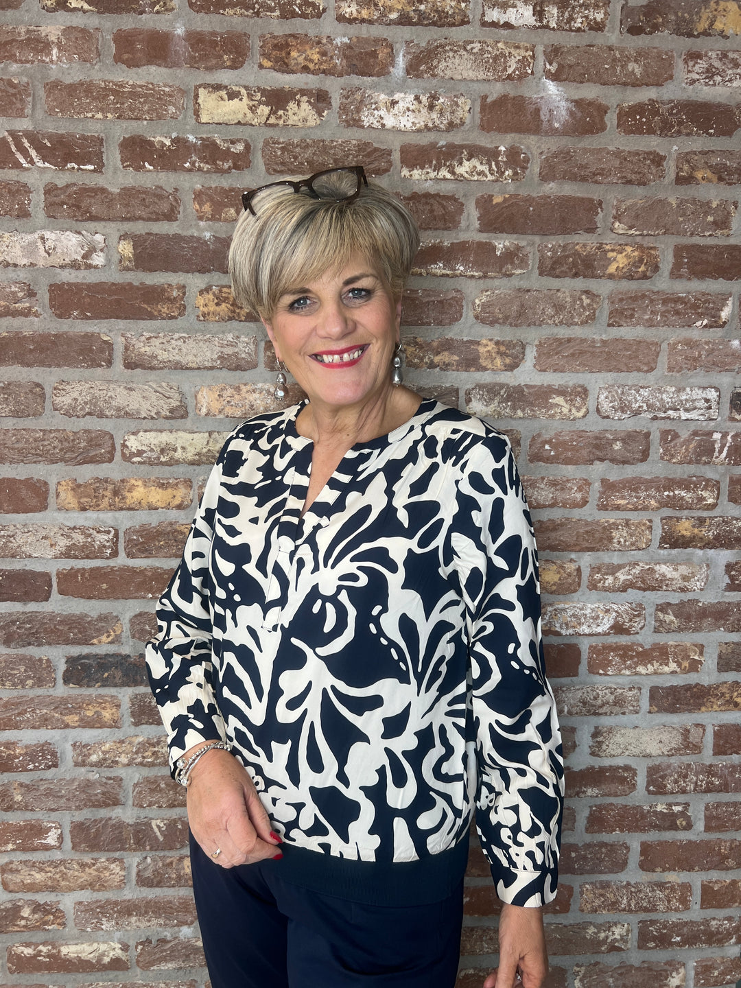 Street One V-neck floral blouse In Navy & cream