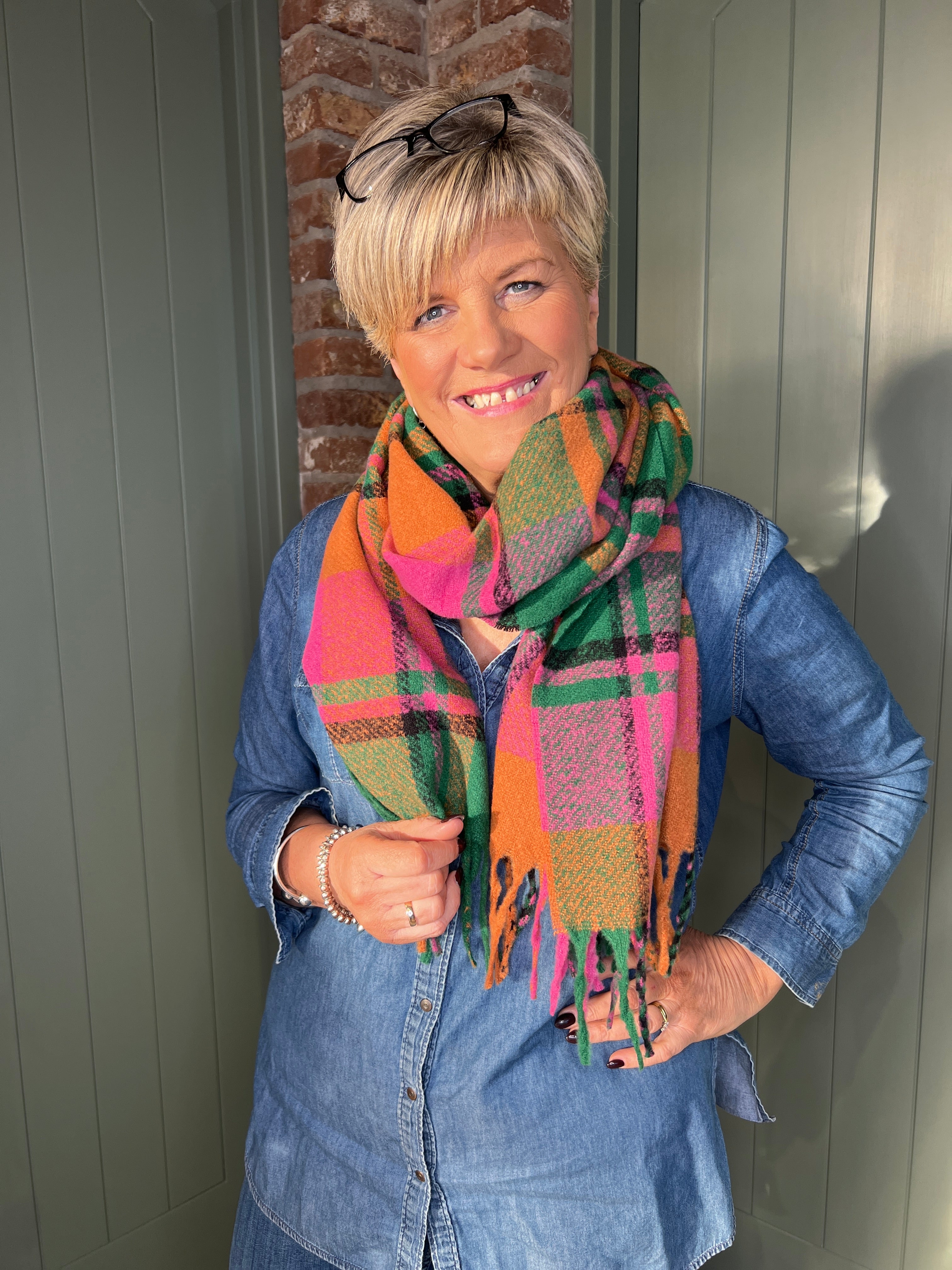 Sophie Tartan Print Scarf In Pink & Green Multi