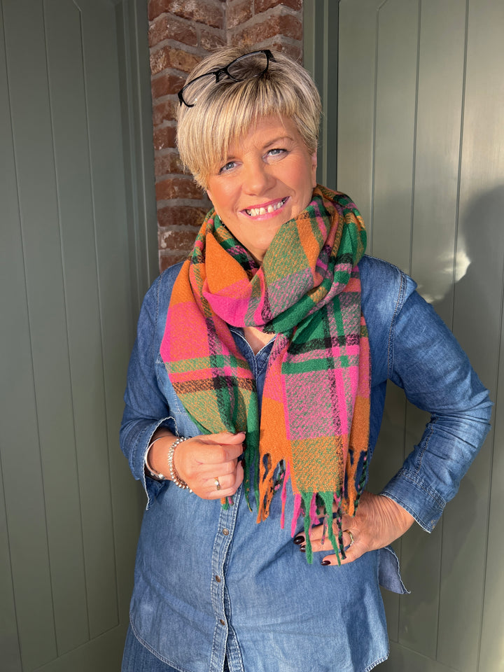 Sophie Tartan Print Scarf In Pink & Green Multi