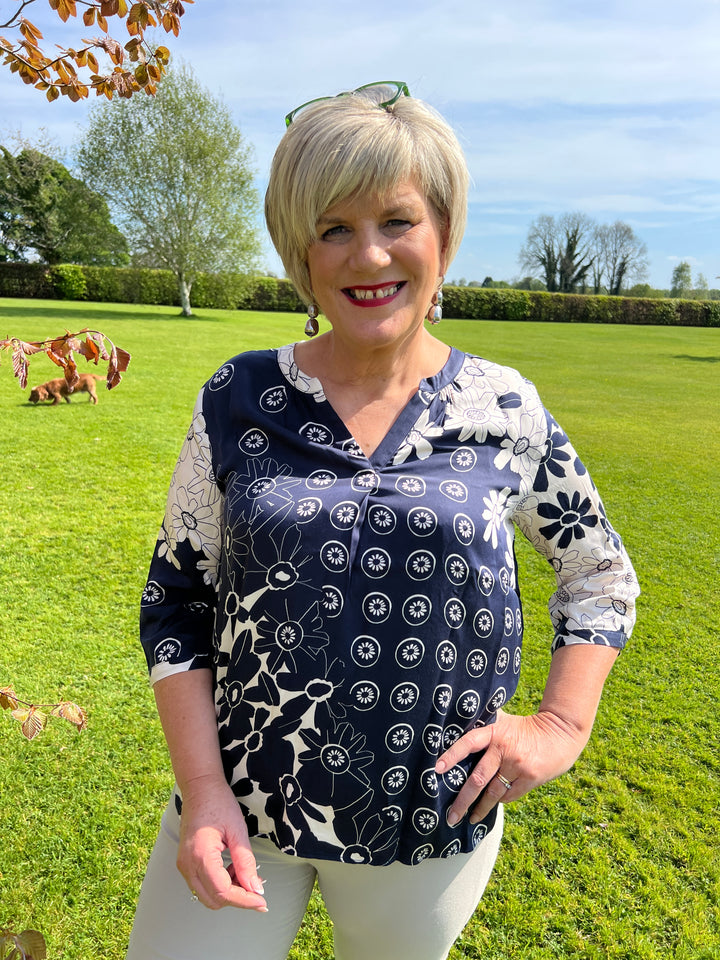 Milano Italy V-Neck Blouse In Navy Print